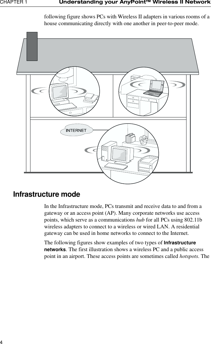 CHAPTER 1 Understanding your AnyPoint™ Wireless II Network4following figure shows PCs with Wireless II adapters in various rooms of a house communicating directly with one another in peer-to-peer mode.Infrastructure modeIn the Infrastructure mode, PCs transmit and receive data to and from a gateway or an access point (AP). Many corporate networks use access points, which serve as a communications hub for all PCs using 802.11b wireless adapters to connect to a wireless or wired LAN. A residential gateway can be used in home networks to connect to the Internet. The following figures show examples of two types of Infrastructure networks. The first illustration shows a wireless PC and a public access point in an airport. These access points are sometimes called hotspots. The 