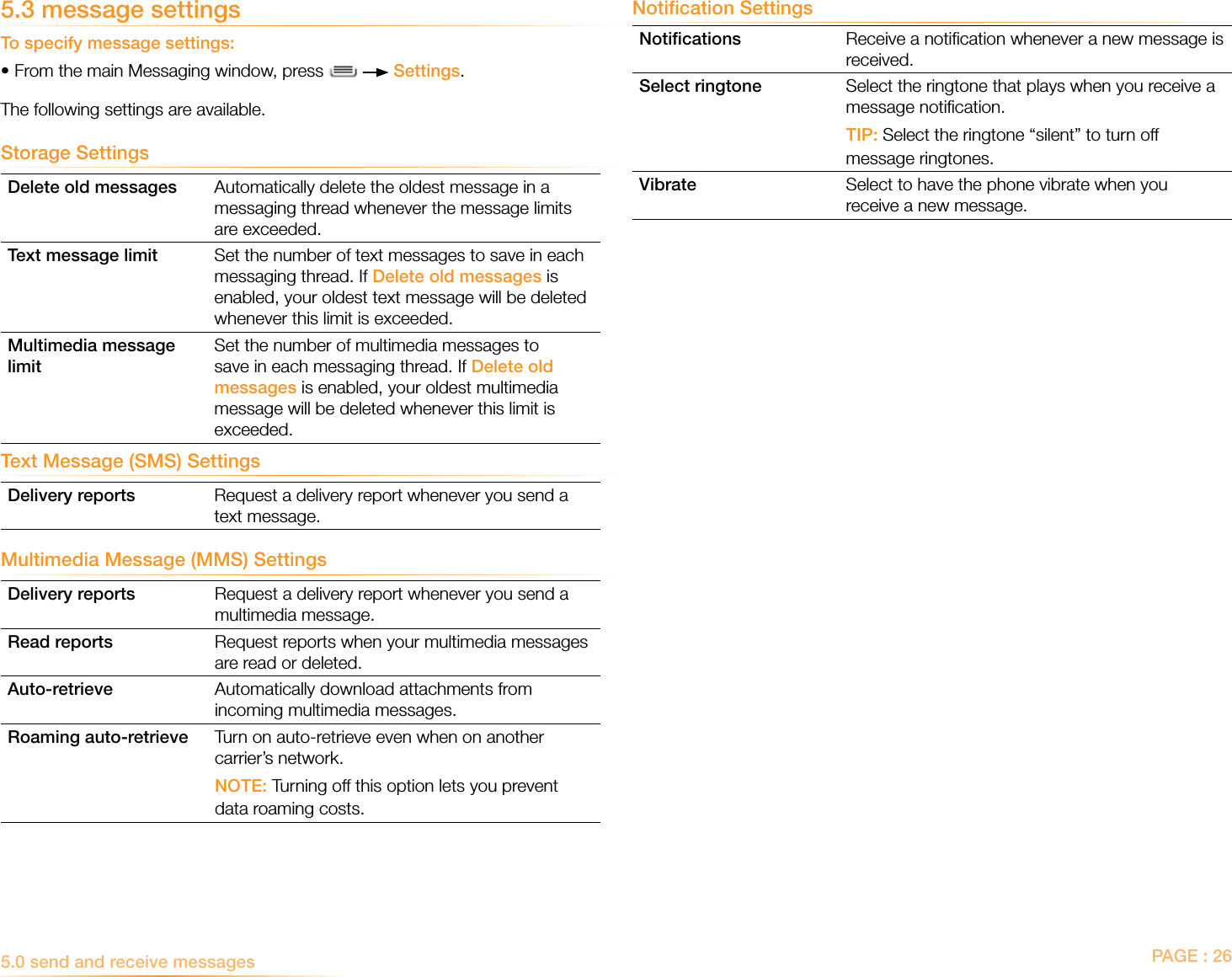 PAGE : 26Notification SettingsNotiﬁcations Receive a notiﬁcation whenever a new message is received.Select ringtone Select the ringtone that plays when you receive a message notiﬁcation. TIP: Select the ringtone “silent” to turn off message ringtones.Vibrate Select to have the phone vibrate when you receive a new message.5.3 message settingsTo specify message settings:•From the main Messaging window, press     Settings.The following settings are available.Storage SettingsDelete old messages Automatically delete the oldest message in a messaging thread whenever the message limits are exceeded. Text message limit Set the number of text messages to save in each messaging thread. If Delete old messages is enabled, your oldest text message will be deleted whenever this limit is exceeded.Multimedia message limitSet the number of multimedia messages to save in each messaging thread. If Delete old messages is enabled, your oldest multimedia message will be deleted whenever this limit is exceeded.Text Message (SMS) SettingsDelivery reports Request a delivery report whenever you send a text message. Multimedia Message (MMS) SettingsDelivery reports Request a delivery report whenever you send a multimedia message.Read reports Request reports when your multimedia messages are read or deleted. Auto-retrieve Automatically download attachments from incoming multimedia messages.Roaming auto-retrieve Turn on auto-retrieve even when on another carrier’s network. NOTE: Turning off this option lets you prevent data roaming costs.5.0 send and receive messages 