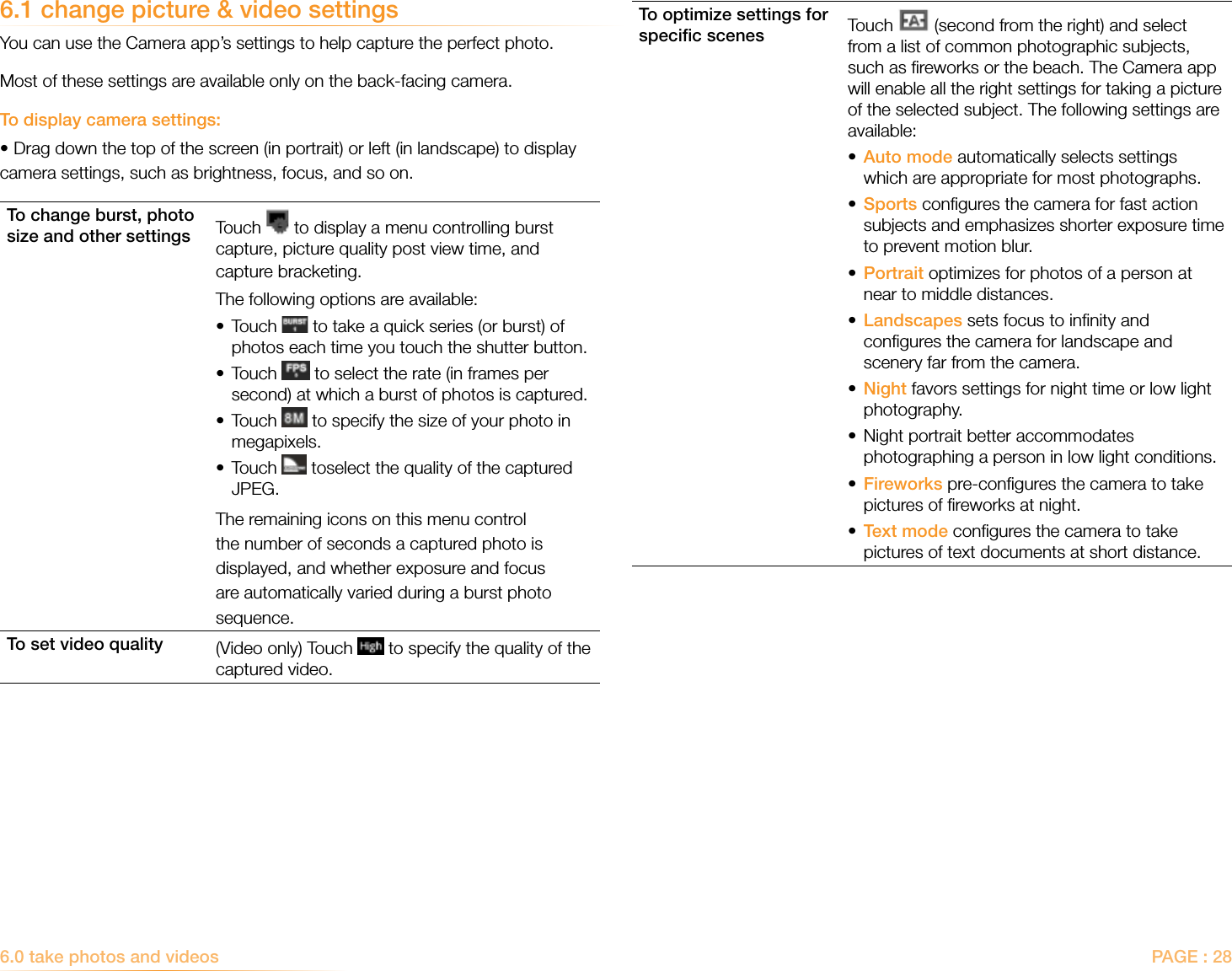 PAGE : 286.0 take photos and videosTo optimize settings for speciﬁc scenes Touch   (second from the right) and select from a list of common photographic subjects, such as ﬁreworks or the beach. The Camera app will enable all the right settings for taking a picture of the selected subject. The following settings are available:• Auto mode automatically selects settings which are appropriate for most photographs.• Sports conﬁgures the camera for fast action subjects and emphasizes shorter exposure time to prevent motion blur.• Portrait optimizes for photos of a person at near to middle distances.• Landscapes sets focus to inﬁnity and conﬁgures the camera for landscape and scenery far from the camera.• Night favors settings for night time or low light photography.• Night portrait better accommodates photographing a person in low light conditions.• Fireworks pre-conﬁgures the camera to take pictures of ﬁreworks at night.• Text mode conﬁgures the camera to take pictures of text documents at short distance.6.1 change picture &amp; video settingsYou can use the Camera app’s settings to help capture the perfect photo.Most of these settings are available only on the back-facing camera.To display camera settings:•Drag down the top of the screen (in portrait) or left (in landscape) to display camera settings, such as brightness, focus, and so on.To change burst, photo size and other settings Touch   to display a menu controlling burst capture, picture quality post view time, and capture bracketing.The following options are available:• Touch   to take a quick series (or burst) of photos each time you touch the shutter button.• Touch   to select the rate (in frames per second) at which a burst of photos is captured.• Touch   to specify the size of your photo in megapixels. • Touch   toselect the quality of the captured JPEG.The remaining icons on this menu control the number of seconds a captured photo is displayed, and whether exposure and focus are automatically varied during a burst photo sequence.To set video quality (Video only) Touch   to specify the quality of the captured video. 