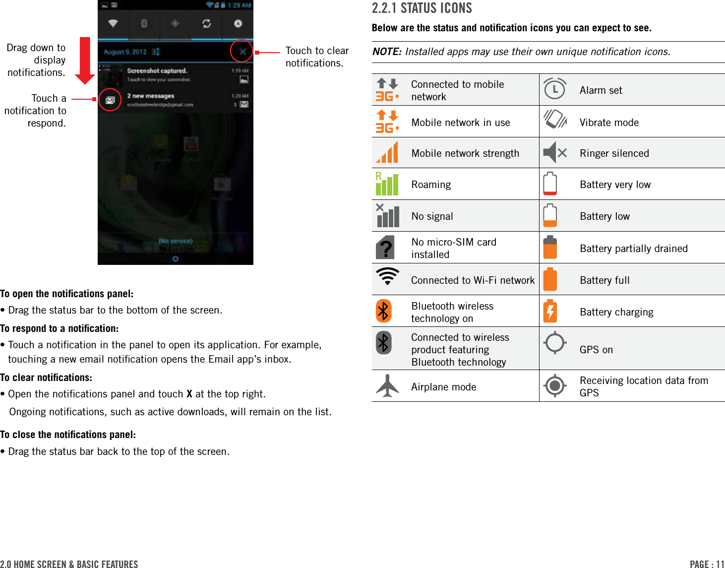 PAge : 112.0 hoMe screen &amp; BAsic FeAtures 2.2.1 stAtus iconsBelow are the status and notiﬁcation icons you can expect to see. NOTE: Installed apps may use their own unique notiﬁcation icons.Connected to mobile network Alarm setMobile network in use Vibrate modeMobile network strength Ringer silencedRoaming Battery very lowNo signal Battery lowNo micro-SIM card installed Battery partially drainedConnected to Wi-Fi network Battery fullBluetooth wireless technology on Battery chargingConnected to wireless product featuring Bluetooth technologyGPS onAirplane mode Receiving location data from GPSTo open the notiﬁcations panel:•Drag the status bar to the bottom of the screen. To respond to a notiﬁcation:• Touch a notiﬁcation in the panel to open its application. For example, touching a new email notiﬁcation opens the Email app’s inbox.To clear notiﬁcations:•Open the notiﬁcations panel and touch X at the top right. Ongoing notiﬁcations, such as active downloads, will remain on the list.To close the notiﬁcations panel:•Drag the status bar back to the top of the screen.Touch a notiﬁcation to respond.Touch to clear notiﬁcations.Drag down to  display notiﬁcations.