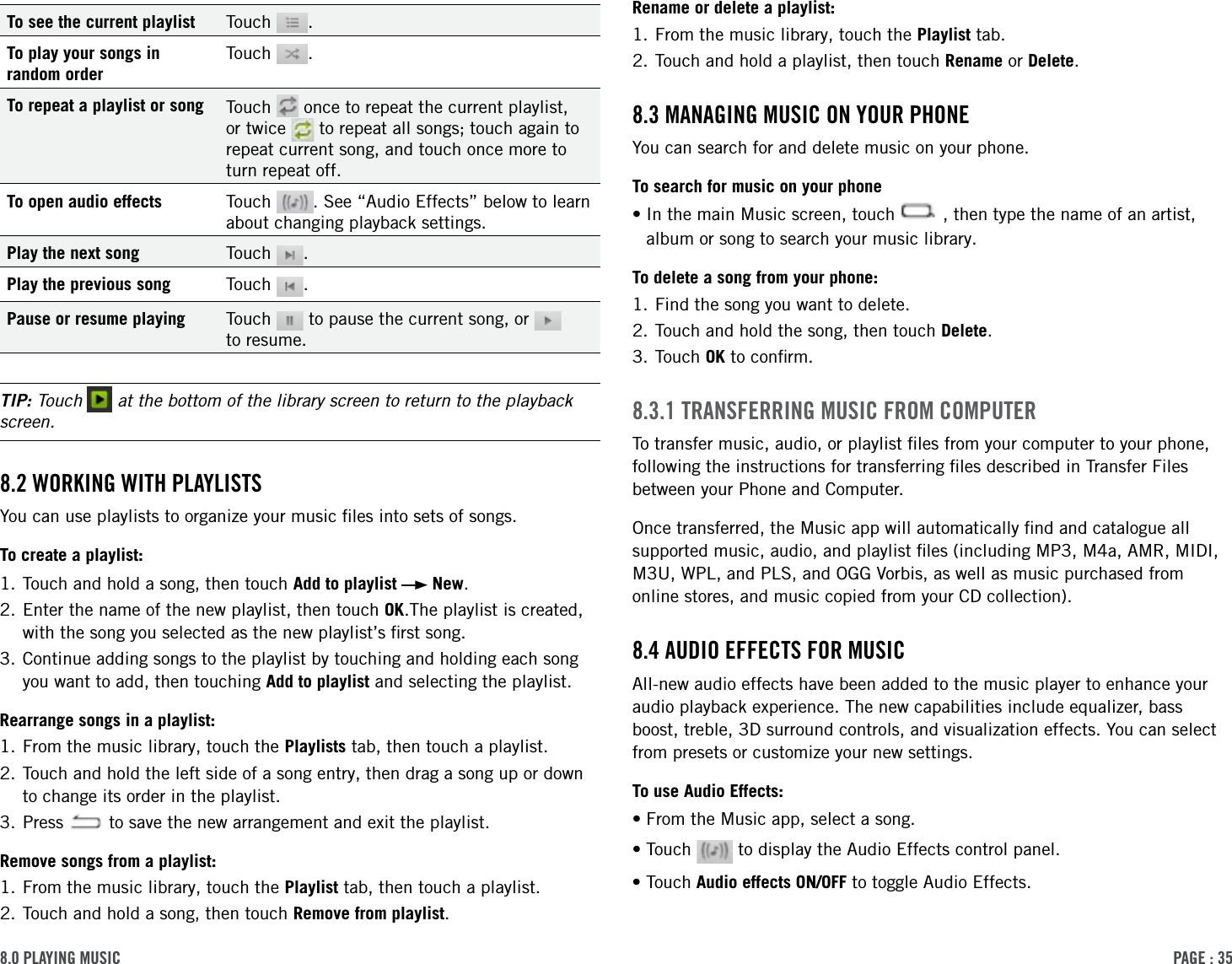 PAge : 358.0 PlAYing MusicRename or delete a playlist:1. From the music library, touch the Playlist tab.2. Touch and hold a playlist, then touch Rename or Delete. 8.3 MAnAging Music on Your PhoneYou can search for and delete music on your phone.To search for music on your phone• In the main Music screen, touch   , then type the name of an artist, album or song to search your music library.To delete a song from your phone:1. Find the song you want to delete. 2. Touch and hold the song, then touch Delete.3. Touch OK to conﬁrm.8.3.1 trAnsFerring Music FroM coMPuterTo transfer music, audio, or playlist ﬁles from your computer to your phone, following the instructions for transferring ﬁles described in Transfer Files between your Phone and Computer. Once transferred, the Music app will automatically ﬁnd and catalogue all supported music, audio, and playlist ﬁles (including MP3, M4a, AMR, MIDI, M3U, WPL, and PLS, and OGG Vorbis, as well as music purchased from online stores, and music copied from your CD collection).8.4 Audio eFFects For MusicAll-new audio effects have been added to the music player to enhance your audio playback experience. The new capabilities include equalizer, bass boost, treble, 3D surround controls, and visualization effects. You can select from presets or customize your new settings.To use Audio Effects:•From the Music app, select a song. •Touch   to display the Audio Effects control panel. •Touch Audio effects ON/OFF to toggle Audio Effects.To see the current playlist Touch  .To play your songs in random orderTouch  .To repeat a playlist or song Touch   once to repeat the current playlist, or twice   to repeat all songs; touch again to repeat current song, and touch once more to turn repeat off.To open audio effects Touch  . See “Audio Effects” below to learn about changing playback settings.Play the next song Touch  .Play the previous song Touch  .Pause or resume playing Touch   to pause the current song, or    to resume.TIP: Touch   at the bottom of the library screen to return to the playback screen.8.2 Working With PlAYlistsYou can use playlists to organize your music ﬁles into sets of songs.To create a playlist:1. Touch and hold a song, then touch Add to playlist   New.2.  Enter the name of the new playlist, then touch OK.The playlist is created, with the song you selected as the new playlist’s ﬁrst song.3.  Continue adding songs to the playlist by touching and holding each song you want to add, then touching Add to playlist and selecting the playlist.Rearrange songs in a playlist:1.  From the music library, touch the Playlists tab, then touch a playlist.2.  Touch and hold the left side of a song entry, then drag a song up or down to change its order in the playlist.3. Press   to save the new arrangement and exit the playlist.Remove songs from a playlist:1. From the music library, touch the Playlist tab, then touch a playlist.2. Touch and hold a song, then touch Remove from playlist.