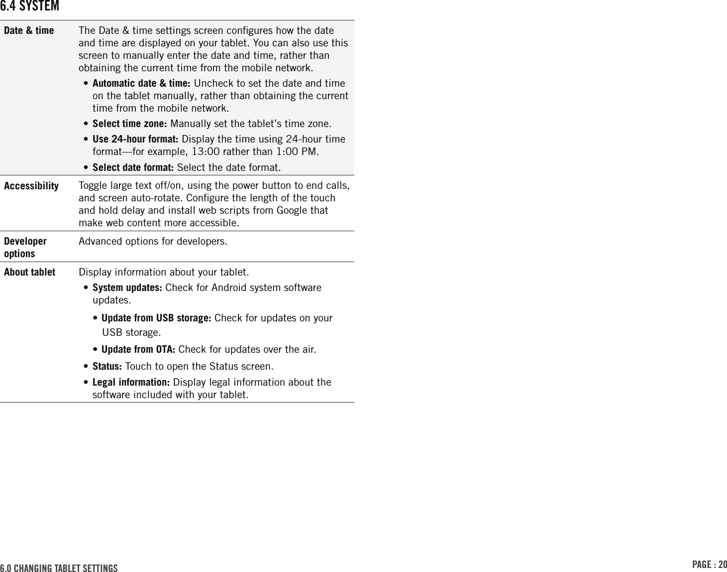 PAGE : 206.0 ChAnGinG tAblEt sEttinGs6.4 sYstEmDate &amp; time The Date &amp; time settings screen conﬁgures how the date and time are displayed on your tablet. You can also use this screen to manually enter the date and time, rather than obtaining the current time from the mobile network. • Automatic date &amp; time: Uncheck to set the date and time on the tablet manually, rather than obtaining the current time from the mobile network.• Select time zone: Manually set the tablet’s time zone.• Use 24-hour format: Display the time using 24-hour time format—for example, 13:00 rather than 1:00 PM. • Select date format: Select the date format.Accessibility Toggle large text off/on, using the power button to end calls, and screen auto-rotate. Conﬁgure the length of the touch and hold delay and install web scripts from Google that make web content more accessible.Developer optionsAdvanced options for developers.About tablet Display information about your tablet.• System updates: Check for Android system software updates. • Update from USB storage: Check for updates on your USB storage. • Update from OTA: Check for updates over the air.• Status: Touch to open the Status screen.• Legal information: Display legal information about the software included with your tablet.