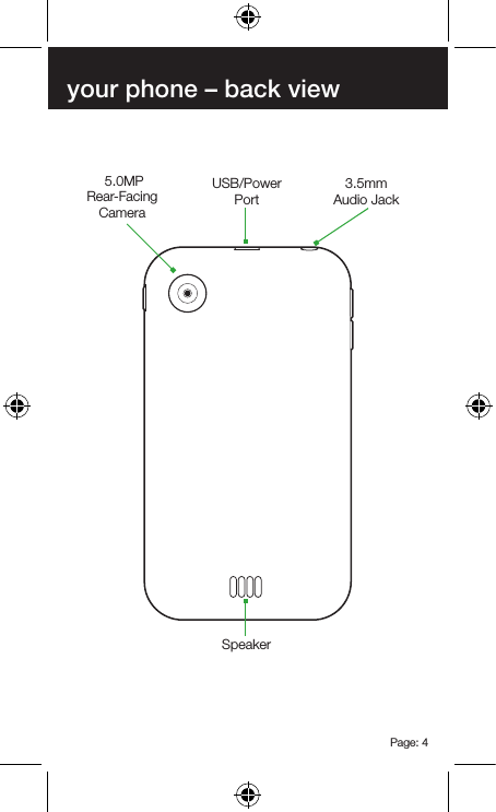 Page: 4your phone – back view 5.0MP Rear-Facing CameraSpeakerUSB/Power Port3.5mm Audio Jack