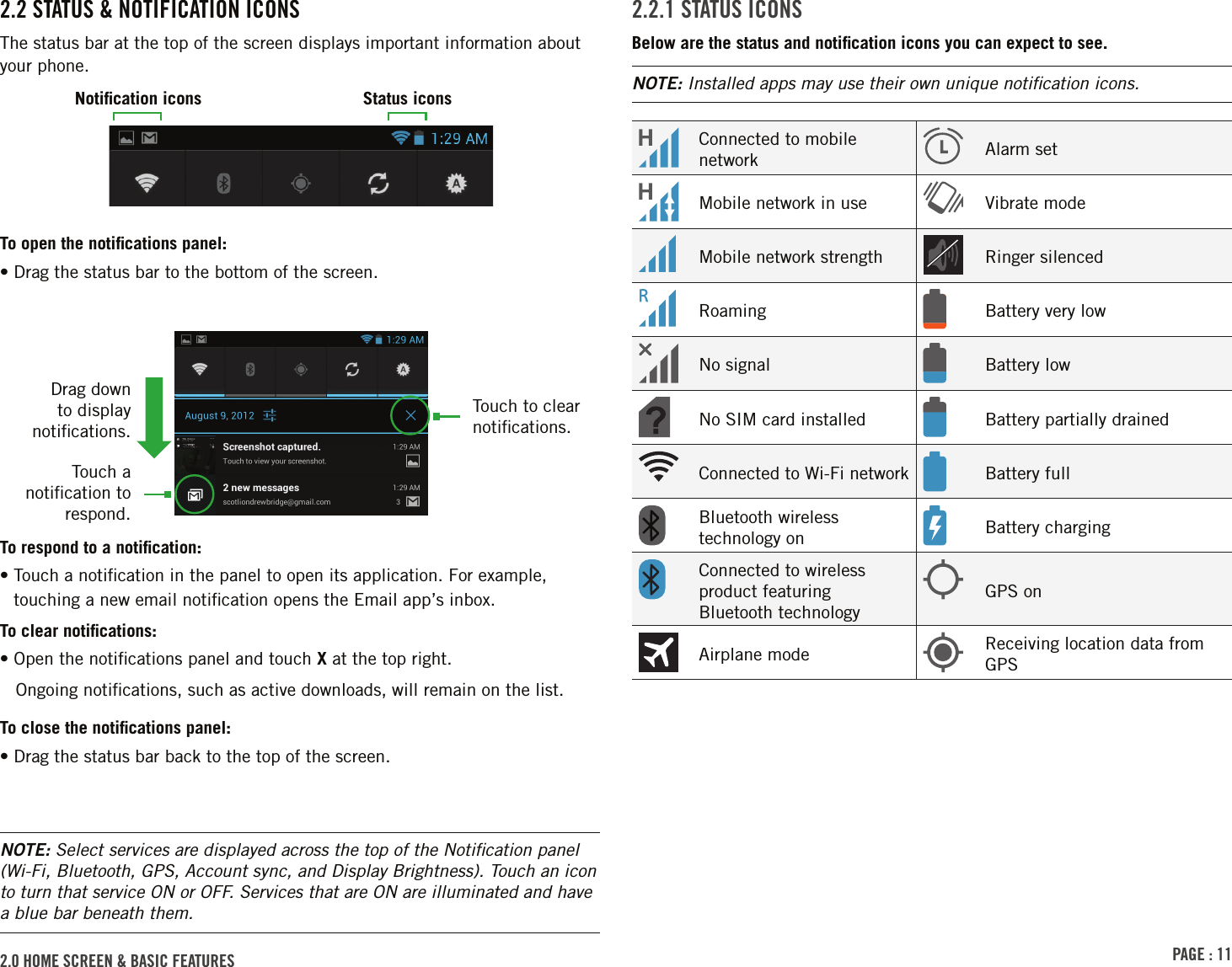 PAGE : 112.0 hoME scrEEn &amp; BAsic FEAturEs 2.2.1 stAtus iconsBelow are the status and notiﬁcation icons you can expect to see. NOTE: Installed apps may use their own unique notiﬁcation icons.Connected to mobile network Alarm setMobile network in use Vibrate modeMobile network strength Ringer silencedRoaming Battery very lowNo signal Battery lowNo SIM card installed Battery partially drainedConnected to Wi-Fi network Battery fullBluetooth wireless technology on Battery chargingConnected to wireless product featuring Bluetooth technologyGPS onAirplane mode Receiving location data from GPS2.2 stAtus &amp; notiFicAtion iconsThe status bar at the top of the screen displays important information about your phone.To open the notiﬁcations panel:• Drag the status bar to the bottom of the screen. To respond to a notiﬁcation:•  Touch a notiﬁcation in the panel to open its application. For example, touching a new email notiﬁcation opens the Email app’s inbox.To clear notiﬁcations:• Open the notiﬁcations panel and touch X at the top right. Ongoing notiﬁcations, such as active downloads, will remain on the list.To close the notiﬁcations panel:• Drag the status bar back to the top of the screen.Touch a notiﬁcation to respond.Touch to clear notiﬁcations.Drag down to display notiﬁcations.Notiﬁcation icons Status iconsNOTE: Select services are displayed across the top of the Notiﬁcation panel (Wi-Fi, Bluetooth, GPS, Account sync, and Display Brightness). Touch an icon to turn that service ON or OFF. Services that are ON are illuminated and have a blue bar beneath them.