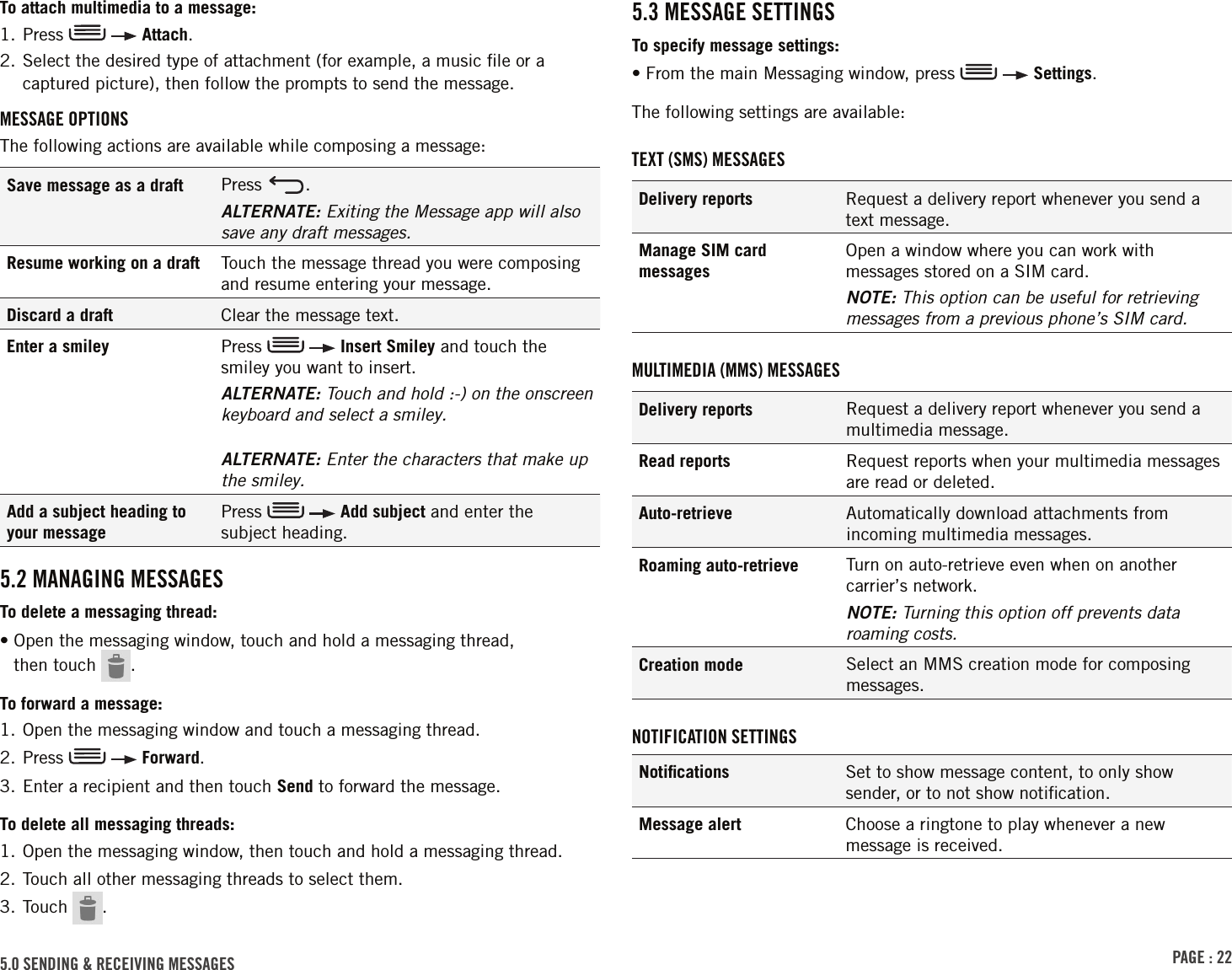 PAGE : 225.0 sEndinG &amp; rEcEiVinG MEssAGEs5.3 MEssAGE sEttinGsTo specify message settings:• From the main Messaging window, press    Settings.The following settings are available:tExt (sMs) MEssAGEsDelivery reports Request a delivery report whenever you send a text message. Manage SIM card messagesOpen a window where you can work with messages stored on a SIM card. NOTE: This option can be useful for retrieving messages from a previous phone’s SIM card. MultiMEdiA (MMs) MEssAGEsDelivery reports Request a delivery report whenever you send a multimedia message.Read reports Request reports when your multimedia messages are read or deleted. Auto-retrieve Automatically download attachments from incoming multimedia messages.Roaming auto-retrieve Turn on auto-retrieve even when on another carrier’s network. NOTE: Turning this option off prevents data roaming costs.Creation mode Select an MMS creation mode for composing messages.notiFicAtion sEttinGsNotiﬁcations Set to show message content, to only show sender, or to not show notiﬁcation.Message alert Choose a ringtone to play whenever a new message is received.To attach multimedia to a message:1. Press     Attach.2.  Select the desired type of attachment (for example, a music ﬁle or a captured picture), then follow the prompts to send the message.MEssAGE oPtionsThe following actions are available while composing a message:Save message as a draft Press  .ALTERNATE: Exiting the Message app will also save any draft messages.Resume working on a draft Touch the message thread you were composing and resume entering your message.Discard a draft Clear the message text.Enter a smiley Press     Insert Smiley and touch the smiley you want to insert.ALTERNATE: Touch and hold :-) on the onscreen keyboard and select a smiley.ALTERNATE: Enter the characters that make up the smiley.Add a subject heading to your messagePress     Add subject and enter the subject heading. 5.2 MAnAGinG MEssAGEsTo delete a messaging thread:•  Open the messaging window, touch and hold a messaging thread,  then touch  .To forward a message:1. Open the messaging window and touch a messaging thread.2. Press     Forward.3. Enter a recipient and then touch Send to forward the message. To delete all messaging threads:1. Open the messaging window, then touch and hold a messaging thread.2. Touch all other messaging threads to select them.3. Touch  .
