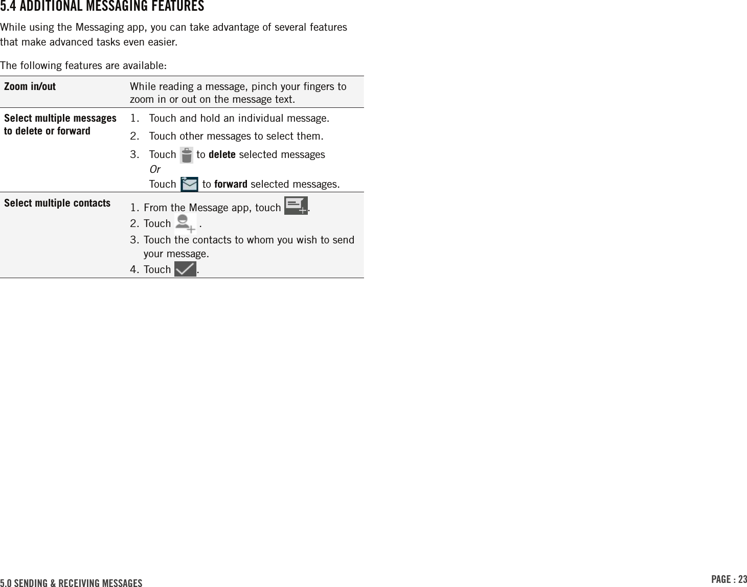 PAGE : 235.0 sEndinG &amp; rEcEiVinG MEssAGEs 5.4 AdditionAl MEssAGinG FEAturEsWhile using the Messaging app, you can take advantage of several features  that make advanced tasks even easier.The following features are available:Zoom in/out While reading a message, pinch your ﬁngers to zoom in or out on the message text.Select multiple messages to delete or forward1.  Touch and hold an individual message.2.  Touch other messages to select them.3.  Touch   to delete selected messages Or Touch   to forward selected messages.Select multiple contacts 1. From the Message app, touch  .2. Touch  .3.  Touch the contacts to whom you wish to send your message.4. Touch  .