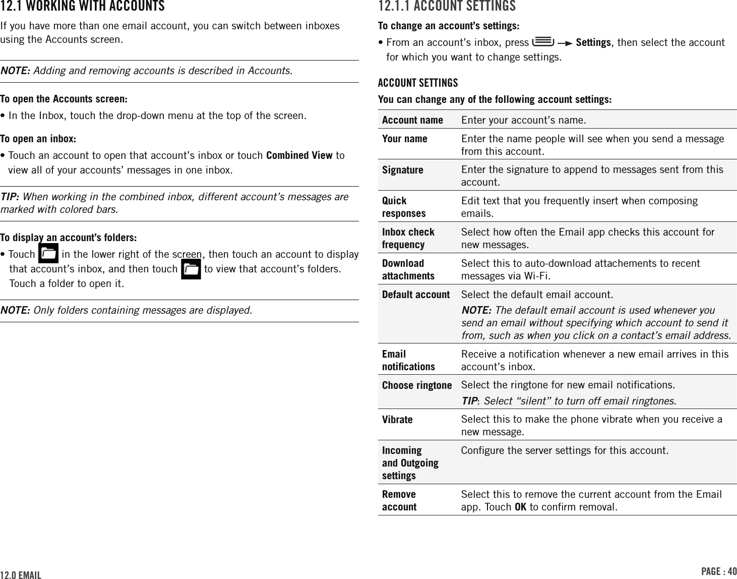 PAGE : 4012.1.1 Account sEttinGsTo change an account’s settings:•  From an account’s inbox, press     Settings, then select the account for which you want to change settings.Account sEttinGsYou can change any of the following account settings:Account name Enter your account’s name. Your name Enter the name people will see when you send a message from this account.Signature Enter the signature to append to messages sent from this account.Quick responsesEdit text that you frequently insert when composing emails.Inbox check frequencySelect how often the Email app checks this account for new messages.Download attachmentsSelect this to auto-download attachements to recent messages via Wi-Fi.Default account Select the default email account. NOTE: The default email account is used whenever you send an email without specifying which account to send it from, such as when you click on a contact’s email address.Email notiﬁcationsReceive a notiﬁcation whenever a new email arrives in this account’s inbox. Choose ringtone Select the ringtone for new email notiﬁcations. TIP: Select “silent” to turn off email ringtones.Vibrate Select this to make the phone vibrate when you receive a new message.Incoming and Outgoing settingsConﬁgure the server settings for this account.Remove accountSelect this to remove the current account from the Email app. Touch OK to conﬁrm removal.12.1 WorkinG With AccountsIf you have more than one email account, you can switch between inboxes using the Accounts screen. NOTE: Adding and removing accounts is described in Accounts.To open the Accounts screen:• In the Inbox, touch the drop-down menu at the top of the screen.To open an inbox:•  Touch an account to open that account’s inbox or touch Combined View to view all of your accounts’ messages in one inbox.TIP: When working in the combined inbox, different account’s messages are marked with colored bars.To display an account’s folders:• Touch   in the lower right of the screen, then touch an account to display that account’s inbox, and then touch   to view that account’s folders. Touch a folder to open it.NOTE: Only folders containing messages are displayed.12.0 EMAil