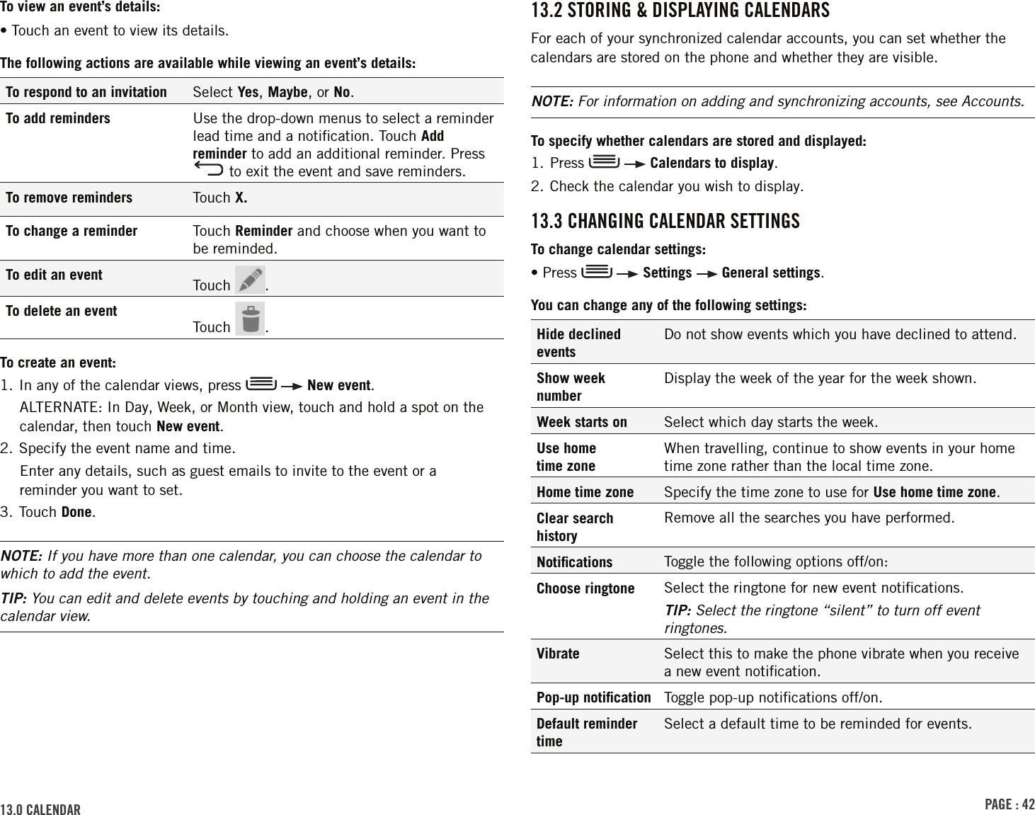 PAGE : 4213.0 cAlEndAr 13.2 storinG &amp; disPlAYinG cAlEndArsFor each of your synchronized calendar accounts, you can set whether the calendars are stored on the phone and whether they are visible.NOTE: For information on adding and synchronizing accounts, see Accounts.To specify whether calendars are stored and displayed:1. Press     Calendars to display.2. Check the calendar you wish to display.13.3 chAnGinG cAlEndAr sEttinGsTo change calendar settings:• Press     Settings   General settings.You can change any of the following settings:Hide declined eventsDo not show events which you have declined to attend.Show week numberDisplay the week of the year for the week shown.Week starts on Select which day starts the week.Use home  time zoneWhen travelling, continue to show events in your home time zone rather than the local time zone.Home time zone Specify the time zone to use for Use home time zone.Clear search historyRemove all the searches you have performed.Notiﬁcations Toggle the following options off/on:Choose ringtone Select the ringtone for new event notiﬁcations. TIP: Select the ringtone “silent” to turn off event ringtones.Vibrate Select this to make the phone vibrate when you receive a new event notiﬁcation.Pop-up notiﬁcation Toggle pop-up notiﬁcations off/on.Default reminder timeSelect a default time to be reminded for events.To view an event’s details:• Touch an event to view its details.The following actions are available while viewing an event’s details:To respond to an invitation Select Yes, Maybe, or No.To add reminders Use the drop-down menus to select a reminder lead time and a notiﬁcation. Touch Add reminder to add an additional reminder. Press  to exit the event and save reminders.To remove reminders Touch X.To change a reminder Touch Reminder and choose when you want to be reminded.To edit an event Touch  .To delete an eventTouch  .To create an event:1. In any of the calendar views, press     New event.ALTERNATE: In Day, Week, or Month view, touch and hold a spot on the calendar, then touch New event.2. Specify the event name and time.Enter any details, such as guest emails to invite to the event or a  reminder you want to set.3. Touch Done.NOTE: If you have more than one calendar, you can choose the calendar to which to add the event.TIP: You can edit and delete events by touching and holding an event in the calendar view.