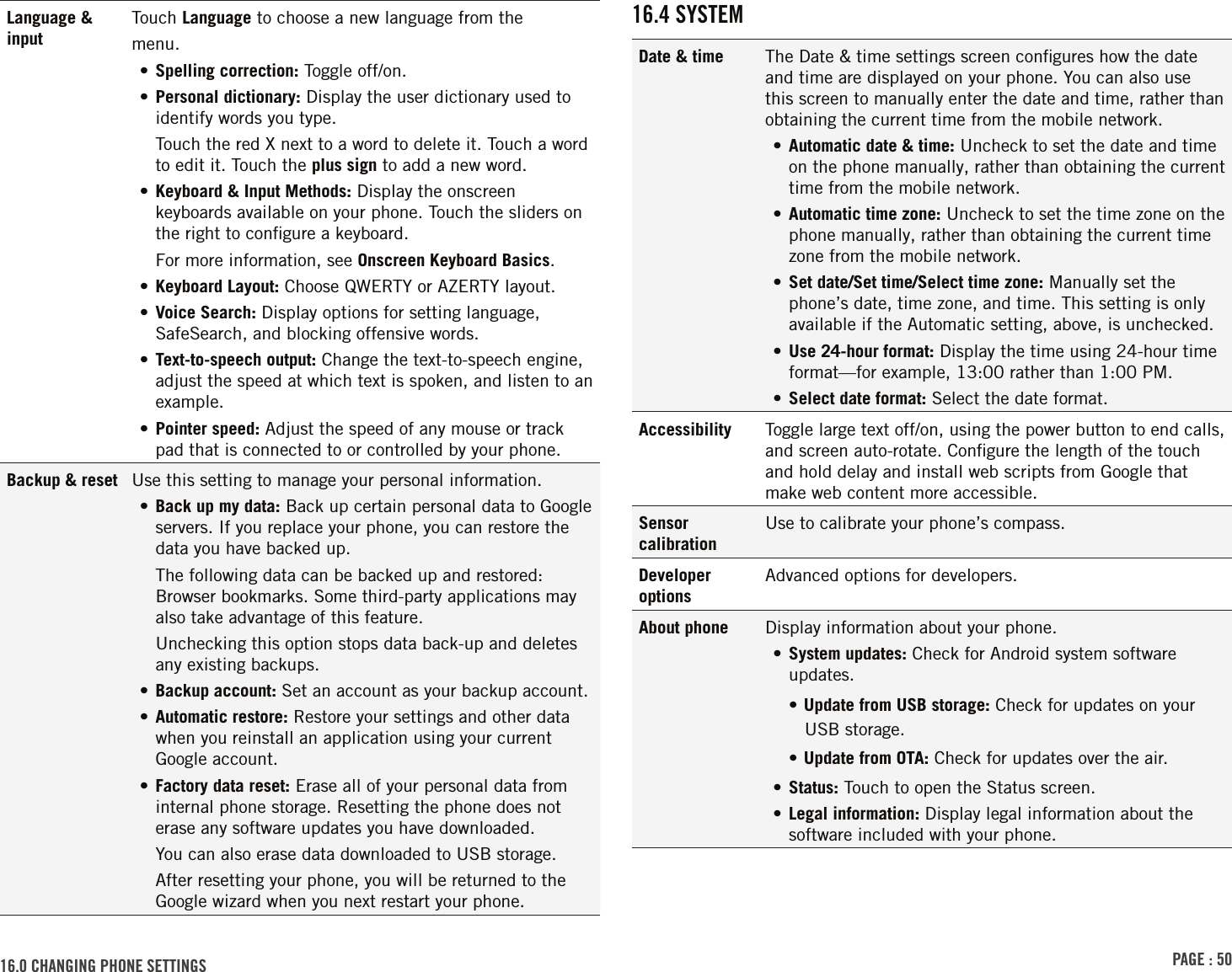 PAGE : 5016.0 chAnGinG PhonE sEttinGs16.4 sYstEMDate &amp; time The Date &amp; time settings screen conﬁgures how the date and time are displayed on your phone. You can also use this screen to manually enter the date and time, rather than obtaining the current time from the mobile network. • Automatic date &amp; time: Uncheck to set the date and time on the phone manually, rather than obtaining the current time from the mobile network. • Automatic time zone: Uncheck to set the time zone on the phone manually, rather than obtaining the current time zone from the mobile network. • Set date/Set time/Select time zone: Manually set the phone’s date, time zone, and time. This setting is only available if the Automatic setting, above, is unchecked. • Use 24-hour format: Display the time using 24-hour time format—for example, 13:00 rather than 1:00 PM. • Select date format: Select the date format.Accessibility Toggle large text off/on, using the power button to end calls, and screen auto-rotate. Conﬁgure the length of the touch and hold delay and install web scripts from Google that make web content more accessible.Sensor calibrationUse to calibrate your phone’s compass.Developer optionsAdvanced options for developers.About phone Display information about your phone. • System updates: Check for Android system software updates. • Update from USB storage: Check for updates on your USB storage. • Update from OTA: Check for updates over the air.• Status: Touch to open the Status screen. • Legal information: Display legal information about the software included with your phone.Language &amp; inputTouch Language to choose a new language from themenu. • Spelling correction: Toggle off/on. • Personal dictionary: Display the user dictionary used to identify words you type. Touch the red X next to a word to delete it. Touch a word to edit it. Touch the plus sign to add a new word. • Keyboard &amp; Input Methods: Display the onscreen keyboards available on your phone. Touch the sliders on the right to conﬁgure a keyboard.For more information, see Onscreen Keyboard Basics. • Keyboard Layout: Choose QWERTY or AZERTY layout.•  Voice Search: Display options for setting language, SafeSearch, and blocking offensive words.• Text-to-speech output: Change the text-to-speech engine, adjust the speed at which text is spoken, and listen to an example.• Pointer speed: Adjust the speed of any mouse or track pad that is connected to or controlled by your phone.Backup &amp; reset Use this setting to manage your personal information. • Back up my data: Back up certain personal data to Google servers. If you replace your phone, you can restore the data you have backed up. The following data can be backed up and restored: Browser bookmarks. Some third-party applications may also take advantage of this feature. Unchecking this option stops data back-up and deletes any existing backups. • Backup account: Set an account as your backup account. • Automatic restore: Restore your settings and other data when you reinstall an application using your current Google account. • Factory data reset: Erase all of your personal data from internal phone storage. Resetting the phone does not erase any software updates you have downloaded. You can also erase data downloaded to USB storage.After resetting your phone, you will be returned to the Google wizard when you next restart your phone.