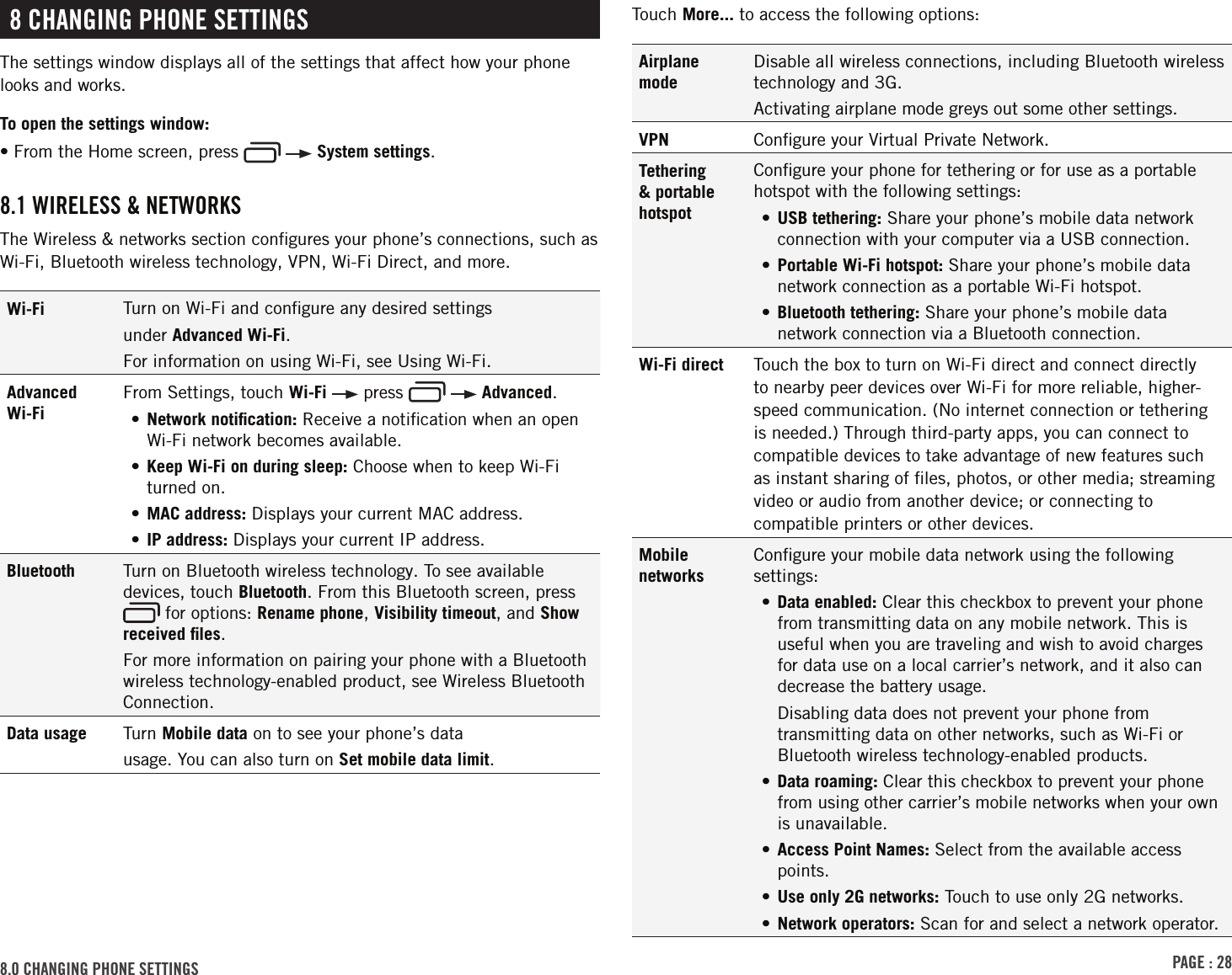 PAGE : 288.0 CHANGING PHONE SETTINGS8 CHANGING PHONE SETTINGSThe settings window displays all of the settings that affect how your phone looks and works.To open the settings window:• From the Home screen, press     System settings.8.1 WIRELESS &amp; NETWORKSThe Wireless &amp; networks section conﬁgures your phone’s connections, such as Wi-Fi, Bluetooth wireless technology, VPN, Wi-Fi Direct, and more.Wi-Fi Turn on Wi-Fi and conﬁgure any desired settingsunder Advanced Wi-Fi.For information on using Wi-Fi, see Using Wi-Fi.Advanced Wi-FiFrom Settings, touch Wi-Fi   press     Advanced.•  Network  notiﬁcation: Receive a notiﬁcation when an open Wi-Fi network becomes available.• Keep Wi-Fi on during sleep: Choose when to keep Wi-Fi turned on.• MAC address: Displays your current MAC address.• IP address: Displays your current IP address.Bluetooth Turn on Bluetooth wireless technology. To see available devices, touch Bluetooth. From this Bluetooth screen, press  for options: Rename phone, Visibility timeout, and Show received ﬁles. For more information on pairing your phone with a Bluetooth wireless technology-enabled product, see Wireless Bluetooth Connection.Data usage Turn Mobile data on to see your phone’s datausage. You can also turn on Set mobile data limit.Touch More... to access the following options:Airplane modeDisable all wireless connections, including Bluetooth wireless technology and 3G. Activating airplane mode greys out some other settings.VPN Conﬁgure your Virtual Private Network.Tethering &amp; portable hotspotConﬁgure your phone for tethering or for use as a portable hotspot with the following settings:• USB tethering: Share your phone’s mobile data network connection with your computer via a USB connection. • Portable Wi-Fi hotspot: Share your phone’s mobile data network connection as a portable Wi-Fi hotspot. • Bluetooth tethering: Share your phone’s mobile data network connection via a Bluetooth connection.Wi-Fi direct Touch the box to turn on Wi-Fi direct and connect directly to nearby peer devices over Wi-Fi for more reliable, higher-speed communication. (No internet connection or tethering is needed.) Through third-party apps, you can connect to compatible devices to take advantage of new features such as instant sharing of ﬁles, photos, or other media; streaming video or audio from another device; or connecting to compatible printers or other devices.Mobile networksConﬁgure your mobile data network using the following settings:• Data enabled: Clear this checkbox to prevent your phone from transmitting data on any mobile network. This is useful when you are traveling and wish to avoid charges for data use on a local carrier’s network, and it also can decrease the battery usage. Disabling data does not prevent your phone from transmitting data on other networks, such as Wi-Fi or Bluetooth wireless technology-enabled products.•  Data  roaming: Clear this checkbox to prevent your phone from using other carrier’s mobile networks when your own is unavailable.• Access Point Names: Select from the available access points.• Use only 2G networks: Touch to use only 2G networks. • Network operators: Scan for and select a network operator.