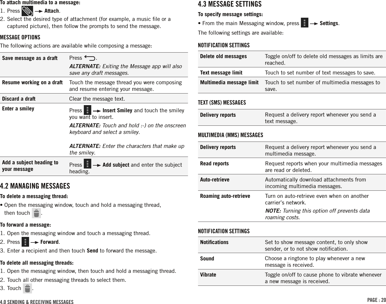 PAGE : 204.0 SENDING &amp; RECEIVING MESSAGESTo attach multimedia to a message:1. Press     Attach.2.  Select the desired type of attachment (for example, a music ﬁle or a captured picture), then follow the prompts to send the message.MESSAGE OPTIONSThe following actions are available while composing a message:Save message as a draft Press  .ALTERNATE: Exiting the Message app will also save any draft messages.Resume working on a draft Touch the message thread you were composing and resume entering your message.Discard a draft Clear the message text.Enter a smiley Press     Insert Smiley and touch the smiley you want to insert.ALTERNATE: Touch and hold :-) on the onscreen keyboard and select a smiley.ALTERNATE: Enter the characters that make up the smiley.Add a subject heading to your message Press     Add subject and enter the subject heading. 4.2 MANAGING MESSAGESTo delete a messaging thread:•  Open the messaging window, touch and hold a messaging thread,  then touch  .To forward a message:1. Open the messaging window and touch a messaging thread.2. Press     Forward.3. Enter a recipient and then touch Send to forward the message. To delete all messaging threads:1. Open the messaging window, then touch and hold a messaging thread.2. Touch all other messaging threads to select them.3. Touch  .4.3 MESSAGE SETTINGSTo specify message settings:• From the main Messaging window, press    Settings.The following settings are available:NOTIFICATION SETTINGSDelete old messages Toggle on/off to delete old messages as limits are reached.Text message limit Touch to set number of text messages to save.Multimedia message limit Touch to set number of multimedia messages to save.TEXT (SMS) MESSAGESDelivery reports Request a delivery report whenever you send a text message. MULTIMEDIA (MMS) MESSAGESDelivery reports Request a delivery report whenever you send a multimedia message.Read reports Request reports when your multimedia messages are read or deleted. Auto-retrieve Automatically download attachments from incoming multimedia messages.Roaming auto-retrieve Turn on auto-retrieve even when on another carrier’s network.NOTE: Turning this option off prevents data roaming costs.NOTIFICATION SETTINGSNotiﬁcations Set to show message content, to only show sender, or to not show notiﬁcation.Sound Choose a ringtone to play whenever a new message is received.Vibrate Toggle on/off to cause phone to vibrate whenever a new message is received.