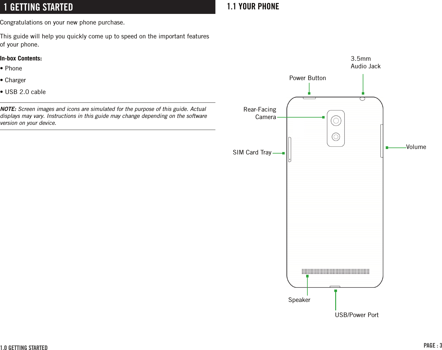 PAGE : 31.1 YOUR PHONE1 GETTING STARTEDCongratulations on your new phone purchase.This guide will help you quickly come up to speed on the important features of your phone.In-box Contents:• Phone• Charger• USB 2.0 cableRear-Facing Camera3.5mm Audio Jack1.0 GETTING STARTED NOTE: Screen images and icons are simulated for the purpose of this guide. Actual displays may vary. Instructions in this guide may change depending on the software version on your device.SpeakerUSB/Power PortVolumePower ButtonSIM Card Tray