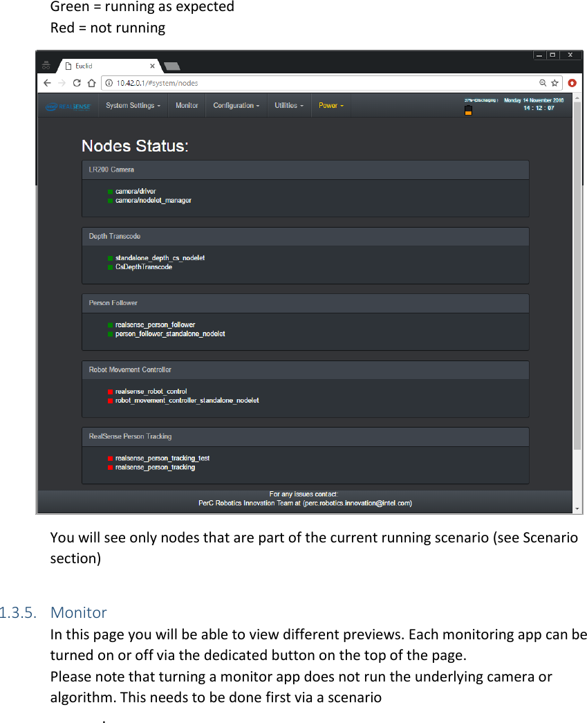  Green = running as expected Red = not running  You will see only nodes that are part of the current running scenario (see Scenario section)  1.3.5. Monitor In this page you will be able to view different previews. Each monitoring app can be turned on or off via the dedicated button on the top of the page. Please note that turning a monitor app does not run the underlying camera or algorithm. This needs to be done first via a scenario .  