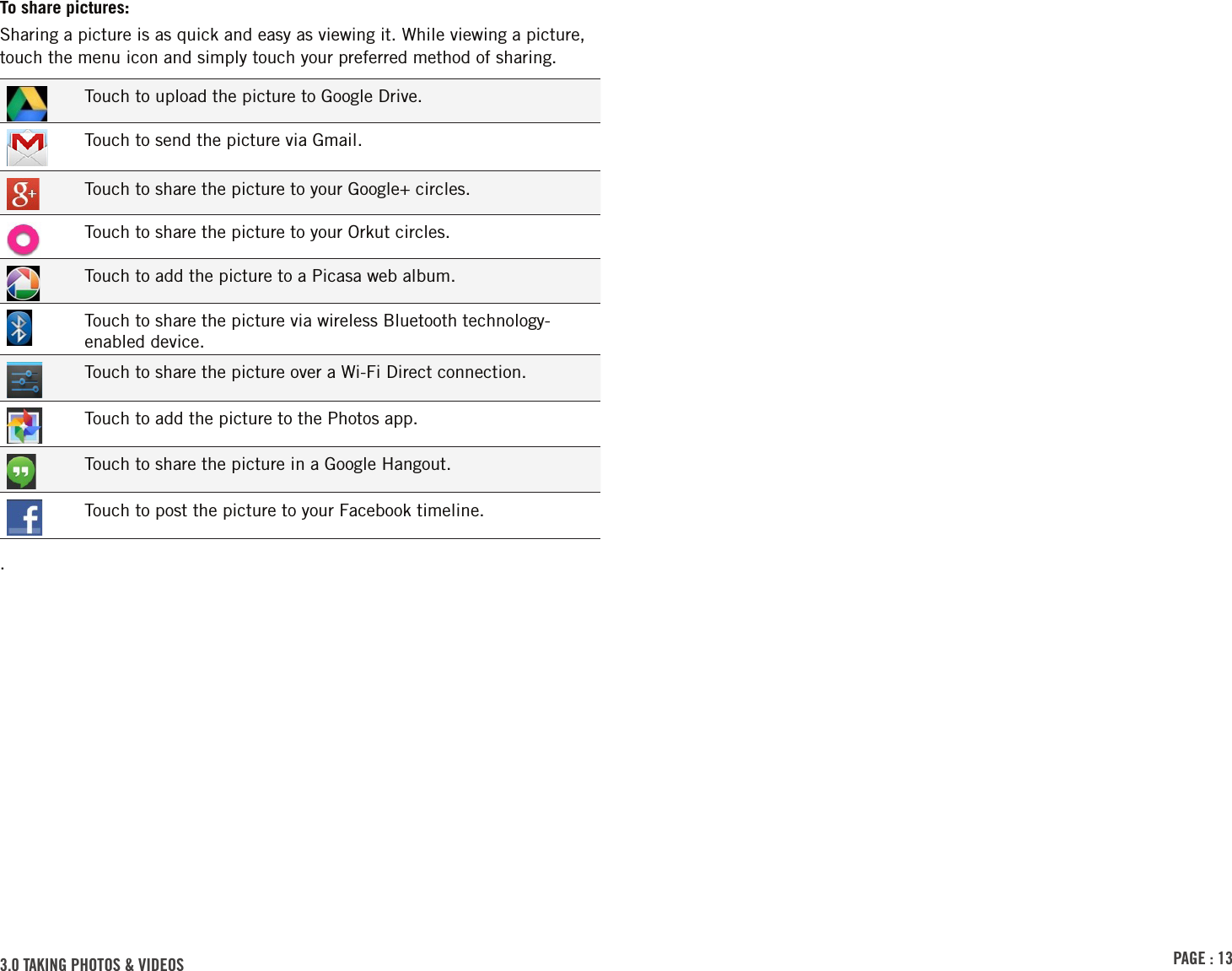 PAGE : 133.0 TAKING PHOTOS &amp; VIDEOSTo share pictures:Sharing a picture is as quick and easy as viewing it. While viewing a picture, touch the menu icon and simply touch your preferred method of sharing.Touch to upload the picture to Google Drive.Touch to send the picture via Gmail.Touch to share the picture to your Google+ circles.Touch to share the picture to your Orkut circles.Touch to add the picture to a Picasa web album.Touch to share the picture via wireless Bluetooth technology-enabled device.Touch to share the picture over a Wi-Fi Direct connection.Touch to add the picture to the Photos app.Touch to share the picture in a Google Hangout.Touch to post the picture to your Facebook timeline..