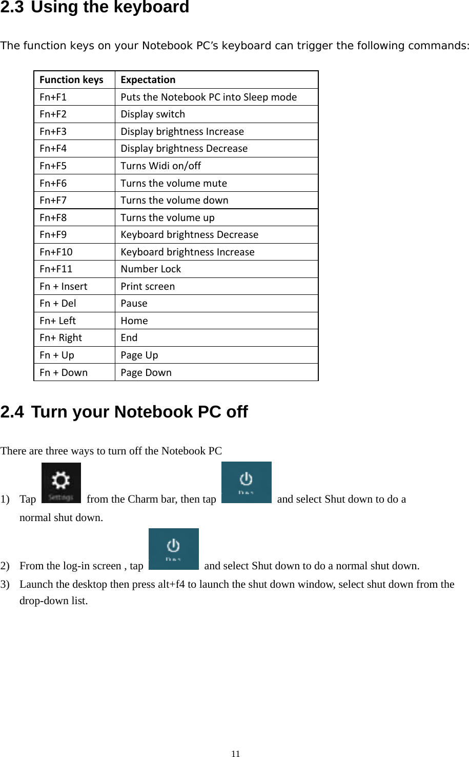  112.3 Using the keyboard The function keys on your Notebook PC’s keyboard can trigger the following commands:  FunctionkeysExpectationFn+F1PutstheNotebookPCintoSleepmodeFn+F2DisplayswitchFn+F3DisplaybrightnessIncreaseFn+F4DisplaybrightnessDecreaseFn+F5TurnsWidion/offFn+F6TurnsthevolumemuteFn+F7TurnsthevolumedownFn+F8TurnsthevolumeupFn+F9KeyboardbrightnessDecreaseFn+F10KeyboardbrightnessIncreaseFn+F11NumberLockFn+InsertPrintscreenFn+DelPauseFn+LeftHomeFn+RightEndFn+UpPageUpFn+DownPageDown2.4 Turn your Notebook PC off There are three ways to turn off the Notebook PC 1) Tap    from the Charm bar, then tap    and select Shut down to do a normal shut down. 2) From the log-in screen , tap    and select Shut down to do a normal shut down. 3) Launch the desktop then press alt+f4 to launch the shut down window, select shut down from the drop-down list.  