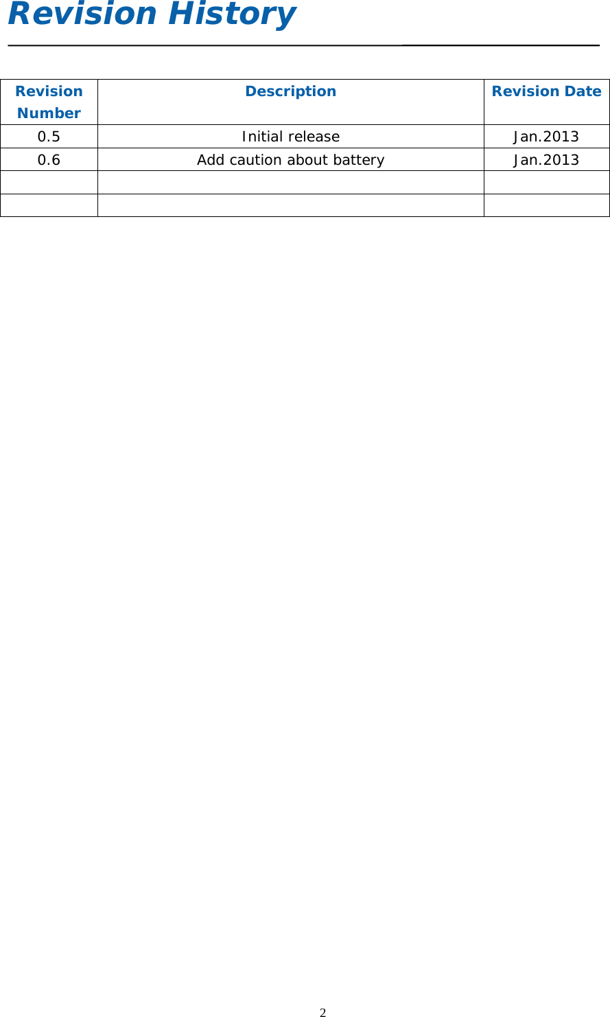  2Revision History   Revision Number  Description Revision Date 0.5 Initial release Jan.2013 0.6  Add caution about battery  Jan.2013                            