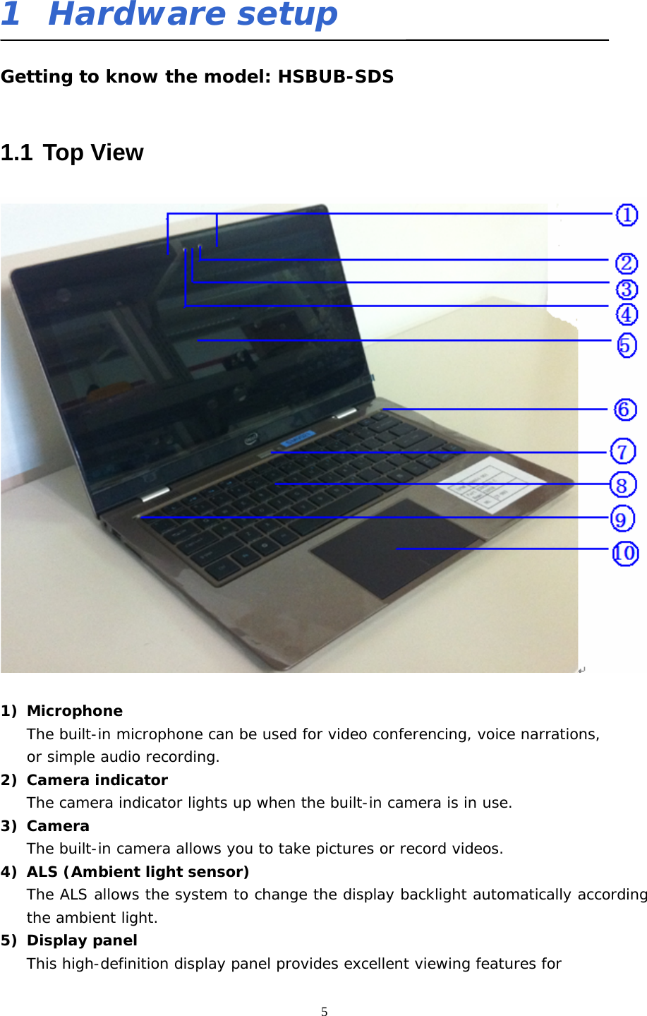  51  Hardware setup Getting to know the model: HSBUB-SDS   1.1 Top View   1) Microphone The built-in microphone can be used for video conferencing, voice narrations,  or simple audio recording. 2) Camera indicator The camera indicator lights up when the built-in camera is in use. 3) Camera  The built-in camera allows you to take pictures or record videos. 4) ALS (Ambient light sensor) The ALS allows the system to change the display backlight automatically according the ambient light. 5) Display panel This high-definition display panel provides excellent viewing features for  