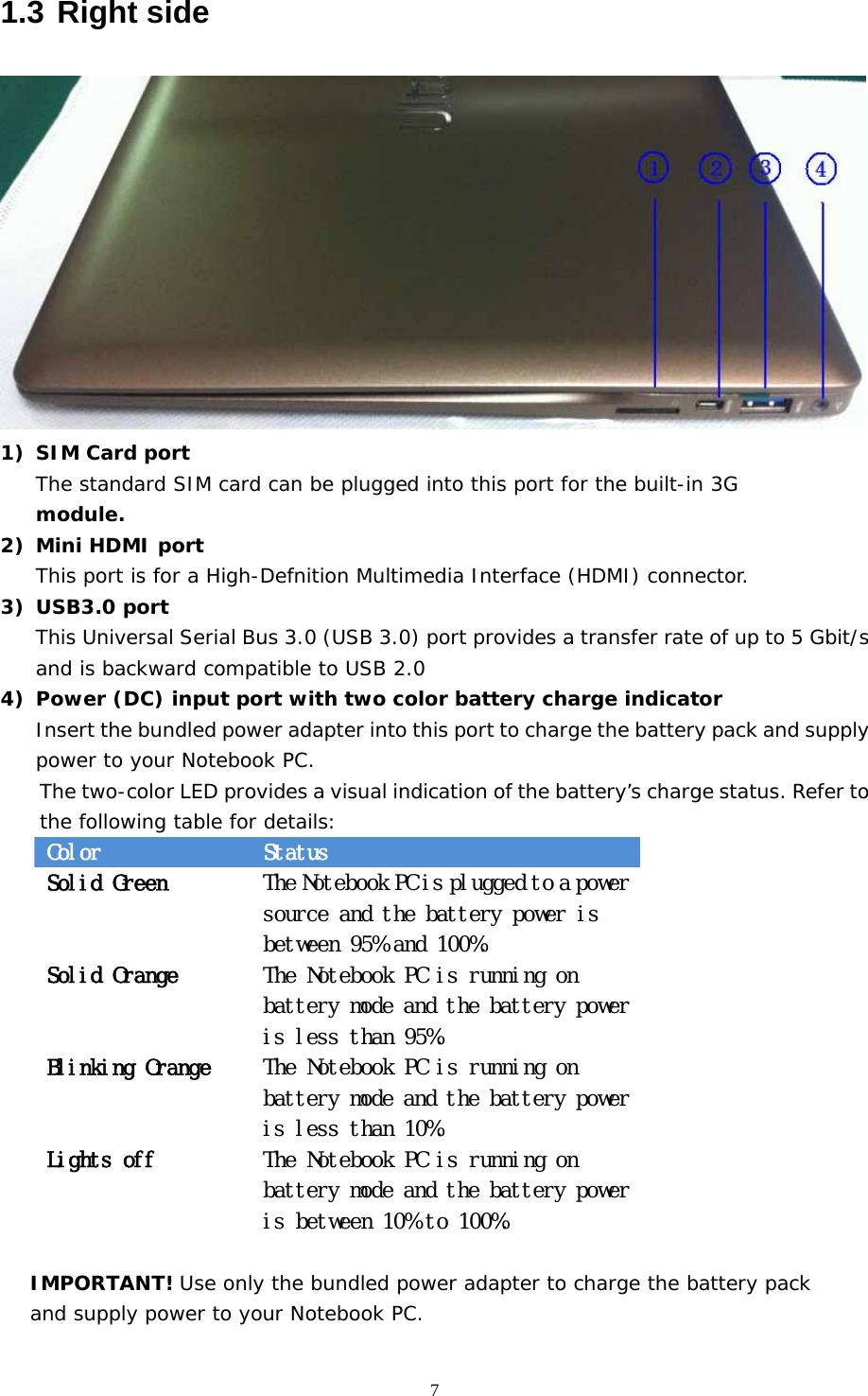  71.3 Right side  1) SIM Card port The standard SIM card can be plugged into this port for the built-in 3G module. 2) Mini HDMI port This port is for a High-Defnition Multimedia Interface (HDMI) connector. 3) USB3.0 port This Universal Serial Bus 3.0 (USB 3.0) port provides a transfer rate of up to 5 Gbit/s and is backward compatible to USB 2.0 4) Power (DC) input port with two color battery charge indicator Insert the bundled power adapter into this port to charge the battery pack and supply power to your Notebook PC. The two-color LED provides a visual indication of the battery’s charge status. Refer to the following table for details:  Color  Status Solid Green  The Notebook PC is plugged to a power source and the battery power is between 95% and 100%. Solid Orange  The Notebook PC is running on battery mode and the battery power is less than 95%. Blinking Orange  The Notebook PC is running on battery mode and the battery power is less than 10%. Lights off  The Notebook PC is running on battery mode and the battery power is between 10% to 100%.  IMPORTANT! Use only the bundled power adapter to charge the battery pack  and supply power to your Notebook PC.  