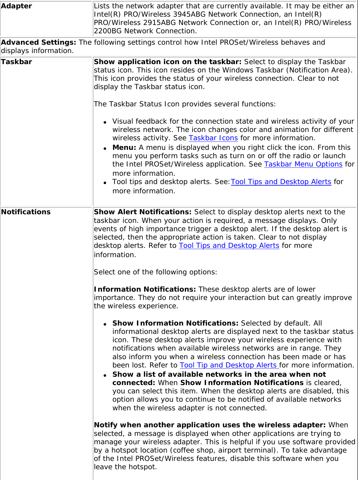 Adapter Lists the network adapter that are currently available. It may be either an Intel(R) PRO/Wireless 3945ABG Network Connection, an Intel(R) PRO/Wireless 2915ABG Network Connection or, an Intel(R) PRO/Wireless 2200BG Network Connection.Advanced Settings: The following settings control how Intel PROSet/Wireless behaves and displays information. Taskbar Show application icon on the taskbar: Select to display the Taskbar status icon. This icon resides on the Windows Taskbar (Notification Area). This icon provides the status of your wireless connection. Clear to not display the Taskbar status icon. The Taskbar Status Icon provides several functions: ●     Visual feedback for the connection state and wireless activity of your wireless network. The icon changes color and animation for different wireless activity. See Taskbar Icons for more information.●     Menu: A menu is displayed when you right click the icon. From this menu you perform tasks such as turn on or off the radio or launch the Intel PROSet/Wireless application. See Taskbar Menu Options for more information.●     Tool tips and desktop alerts. See:Tool Tips and Desktop Alerts for more information.Notifications Show Alert Notifications: Select to display desktop alerts next to the taskbar icon. When your action is required, a message displays. Only events of high importance trigger a desktop alert. If the desktop alert is selected, then the appropriate action is taken. Clear to not display desktop alerts. Refer to Tool Tips and Desktop Alerts for more information. Select one of the following options: Information Notifications: These desktop alerts are of lower importance. They do not require your interaction but can greatly improve the wireless experience. ●     Show Information Notifications: Selected by default. All informational desktop alerts are displayed next to the taskbar status icon. These desktop alerts improve your wireless experience with notifications when available wireless networks are in range. They also inform you when a wireless connection has been made or has been lost. Refer to Tool Tip and Desktop Alerts for more information.●     Show a list of available networks in the area when not connected: When Show Information Notifications is cleared, you can select this item. When the desktop alerts are disabled, this option allows you to continue to be notified of available networks when the wireless adapter is not connected. Notify when another application uses the wireless adapter: When selected, a message is displayed when other applications are trying to manage your wireless adapter. This is helpful if you use software provided by a hotspot location (coffee shop, airport terminal). To take advantage of the Intel PROSet/Wireless features, disable this software when you leave the hotspot. 