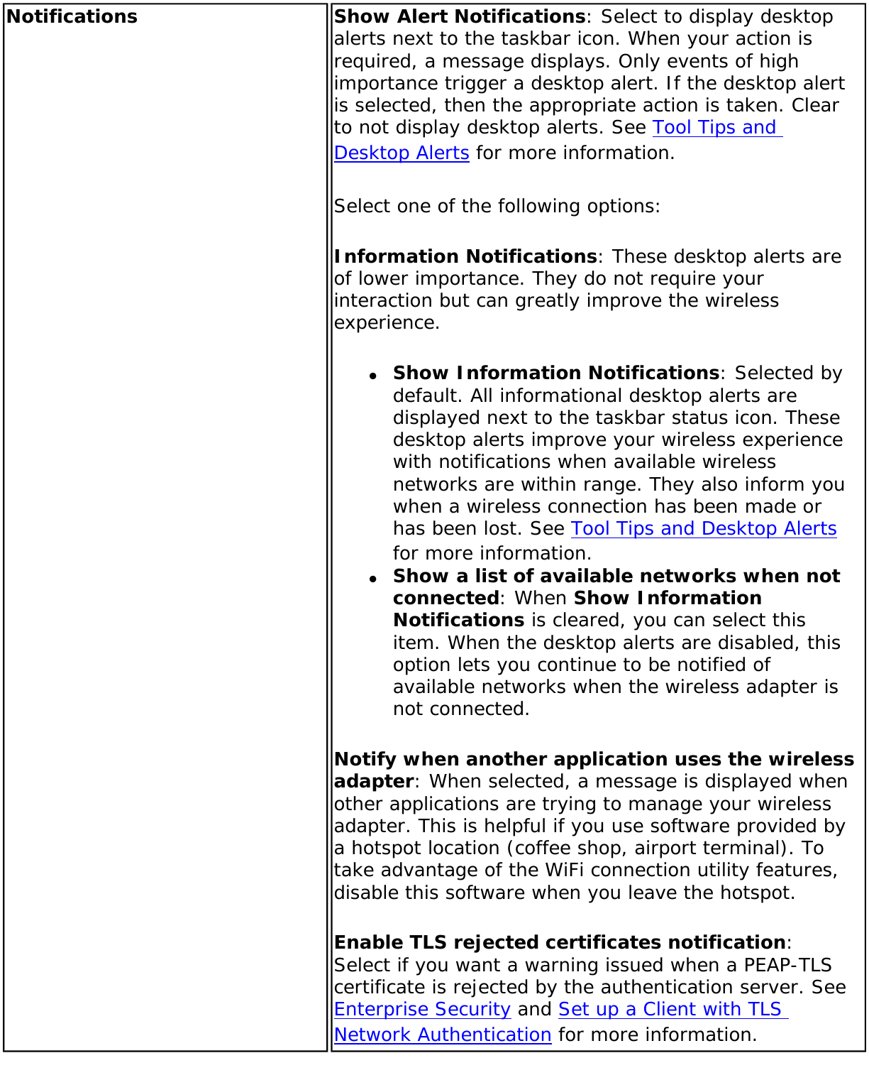 Notifications Show Alert Notifications: Select to display desktop alerts next to the taskbar icon. When your action is required, a message displays. Only events of high importance trigger a desktop alert. If the desktop alert is selected, then the appropriate action is taken. Clear to not display desktop alerts. See Tool Tips and Desktop Alerts for more information.Select one of the following options:Information Notifications: These desktop alerts are of lower importance. They do not require your interaction but can greatly improve the wireless experience.●     Show Information Notifications: Selected by default. All informational desktop alerts are displayed next to the taskbar status icon. These desktop alerts improve your wireless experience with notifications when available wireless networks are within range. They also inform you when a wireless connection has been made or has been lost. See Tool Tips and Desktop Alerts for more information.●     Show a list of available networks when not connected: When Show Information Notifications is cleared, you can select this item. When the desktop alerts are disabled, this option lets you continue to be notified of available networks when the wireless adapter is not connected.Notify when another application uses the wireless adapter: When selected, a message is displayed when other applications are trying to manage your wireless adapter. This is helpful if you use software provided by a hotspot location (coffee shop, airport terminal). To take advantage of the WiFi connection utility features, disable this software when you leave the hotspot.Enable TLS rejected certificates notification: Select if you want a warning issued when a PEAP-TLS certificate is rejected by the authentication server. See Enterprise Security and Set up a Client with TLS Network Authentication for more information.