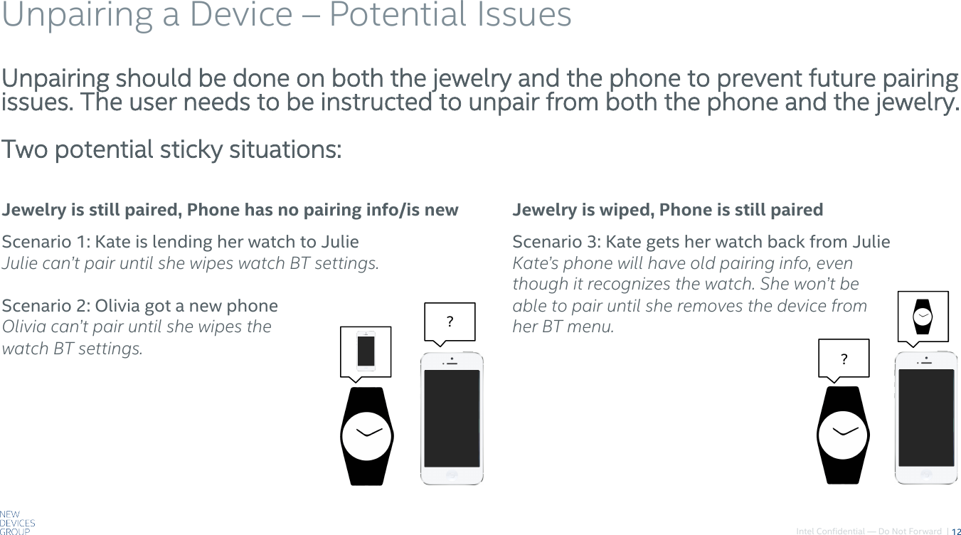 Intel Confidential — Do Not Forward  |Unpairing a Device –!Potential IssuesUnpairing should be done on both the jewelry and the phone to prevent future pairing issues. The user needs to be instructed to unpair from both the phone and the jewelry.Two potential sticky situations:12Scenario 1: Kate is lending her watch to JulieJulie can’t pair until she wipes watch BT settings.Scenario 2: Olivia got a new phoneOlivia can’t pair until she wipes the watch BT settings.Jewelry is still paired, Phone has no pairing info/is new?Scenario 3: Kate gets her watch back from JulieKate’s phone will have old pairing info, even though it recognizes the watch. She won’t be able to pair until she removes the device from her BT menu.Jewelry is wiped, Phone is still paired?