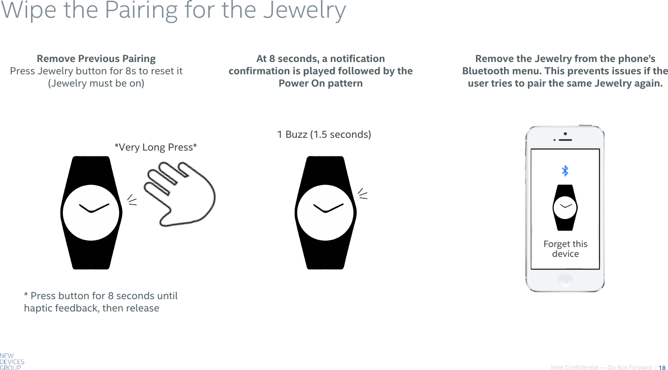 Intel Confidential — Do Not Forward  |Wipe the Pairing for the Jewelry18Remove Previous PairingPress Jewelry button for 8s to reset it (Jewelry must be on)At 8 seconds, a notification confirmation is played followed by the Power On pattern*Very Long Press** Press button for 8 seconds until haptic feedback, then release1 Buzz (1.5 seconds)Remove the Jewelry from the phone’s Bluetooth menu. This prevents issues if the user tries to pair the same Jewelry again.Forget this device