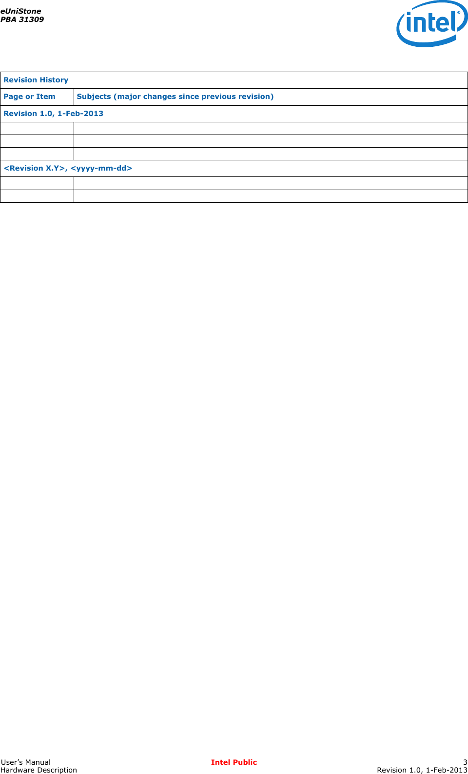 eUniStonePBA 31309User’s Manual Intel Public 3Hardware Description Revision 1.0, 1-Feb-2013Revision HistoryPage or Item Subjects (major changes since previous revision)Revision 1.0, 1-Feb-2013&lt;Revision X.Y&gt;, &lt;yyyy-mm-dd&gt;