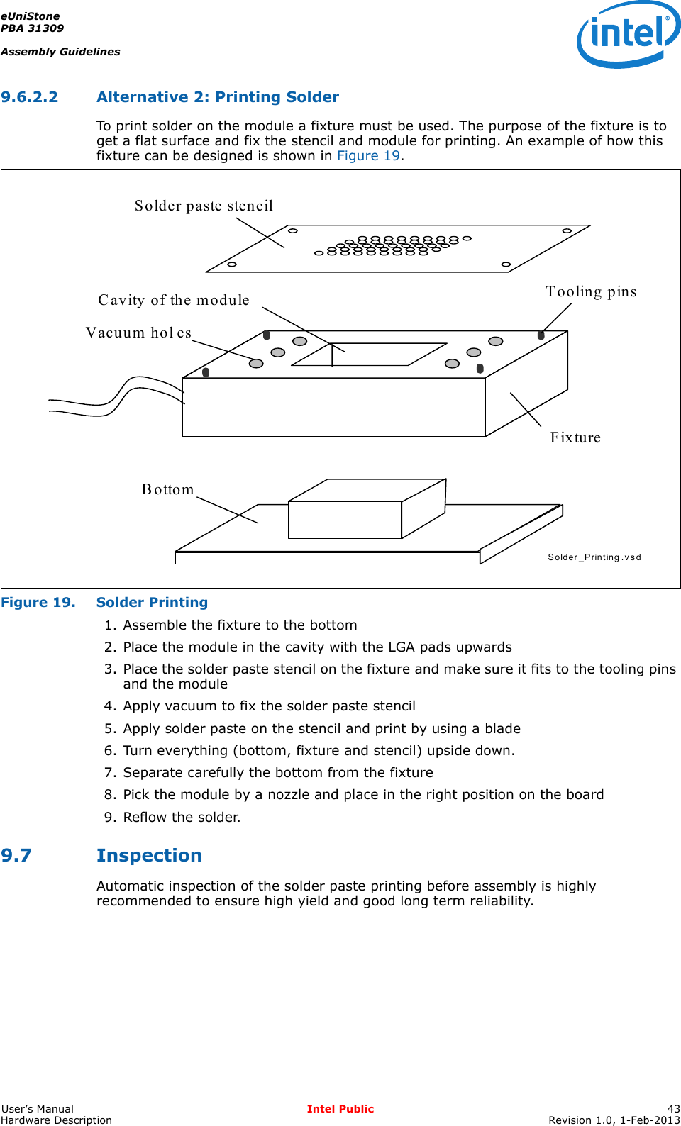 eUniStonePBA 31309Assembly GuidelinesUser’s Manual Intel Public 43Hardware Description Revision 1.0, 1-Feb-20139.6.2.2 Alternative 2: Printing SolderTo print solder on the module a fixture must be used. The purpose of the fixture is to get a flat surface and fix the stencil and module for printing. An example of how this fixture can be designed is shown in Figure 19.Figure 19. Solder Printing1. Assemble the fixture to the bottom2. Place the module in the cavity with the LGA pads upwards3. Place the solder paste stencil on the fixture and make sure it fits to the tooling pins and the module4. Apply vacuum to fix the solder paste stencil5. Apply solder paste on the stencil and print by using a blade6. Turn everything (bottom, fixture and stencil) upside down.7. Separate carefully the bottom from the fixture8. Pick the module by a nozzle and place in the right position on the board9. Reflow the solder.9.7 InspectionAutomatic inspection of the solder paste printing before assembly is highly recommended to ensure high yield and good long term reliability.Solder_Printing.vsdVacuum hol esSolder paste stencilCavity of the module  Tooling pinsBottomFixture