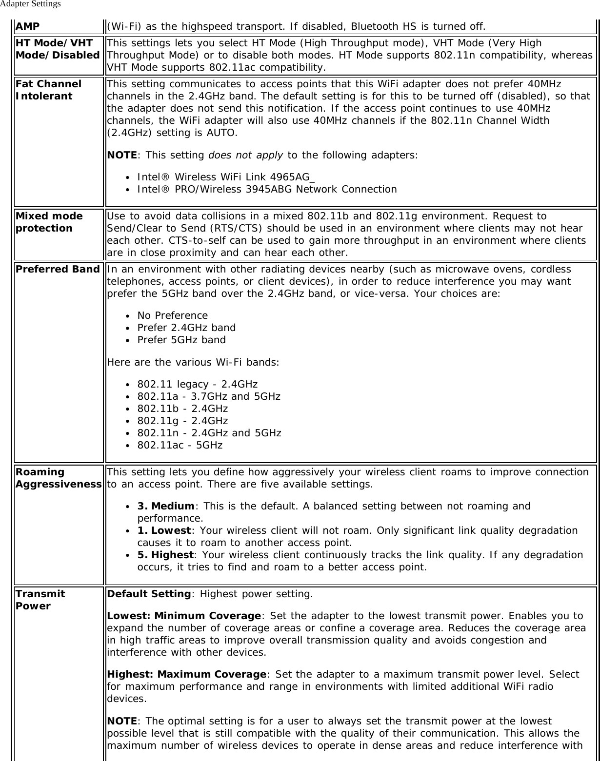 Adapter SettingsAMP (Wi-Fi) as the highspeed transport. If disabled, Bluetooth HS is turned off.HT Mode/VHTMode/Disabled This settings lets you select HT Mode (High Throughput mode), VHT Mode (Very HighThroughput Mode) or to disable both modes. HT Mode supports 802.11n compatibility, whereasVHT Mode supports 802.11ac compatibility.Fat ChannelIntolerant This setting communicates to access points that this WiFi adapter does not prefer 40MHzchannels in the 2.4GHz band. The default setting is for this to be turned off (disabled), so thatthe adapter does not send this notification. If the access point continues to use 40MHzchannels, the WiFi adapter will also use 40MHz channels if the 802.11n Channel Width(2.4GHz) setting is AUTO.NOTE: This setting does not apply to the following adapters:Intel® Wireless WiFi Link 4965AG_Intel® PRO/Wireless 3945ABG Network ConnectionMixed modeprotection Use to avoid data collisions in a mixed 802.11b and 802.11g environment. Request toSend/Clear to Send (RTS/CTS) should be used in an environment where clients may not heareach other. CTS-to-self can be used to gain more throughput in an environment where clientsare in close proximity and can hear each other.Preferred Band In an environment with other radiating devices nearby (such as microwave ovens, cordlesstelephones, access points, or client devices), in order to reduce interference you may wantprefer the 5GHz band over the 2.4GHz band, or vice-versa. Your choices are:No PreferencePrefer 2.4GHz bandPrefer 5GHz bandHere are the various Wi-Fi bands:802.11 legacy - 2.4GHz802.11a - 3.7GHz and 5GHz802.11b - 2.4GHz802.11g - 2.4GHz802.11n - 2.4GHz and 5GHz802.11ac - 5GHzRoamingAggressiveness This setting lets you define how aggressively your wireless client roams to improve connectionto an access point. There are five available settings.3. Medium: This is the default. A balanced setting between not roaming andperformance.1. Lowest: Your wireless client will not roam. Only significant link quality degradationcauses it to roam to another access point.5. Highest: Your wireless client continuously tracks the link quality. If any degradationoccurs, it tries to find and roam to a better access point.TransmitPower Default Setting: Highest power setting.Lowest: Minimum Coverage: Set the adapter to the lowest transmit power. Enables you toexpand the number of coverage areas or confine a coverage area. Reduces the coverage areain high traffic areas to improve overall transmission quality and avoids congestion andinterference with other devices.Highest: Maximum Coverage: Set the adapter to a maximum transmit power level. Selectfor maximum performance and range in environments with limited additional WiFi radiodevices.NOTE: The optimal setting is for a user to always set the transmit power at the lowestpossible level that is still compatible with the quality of their communication. This allows themaximum number of wireless devices to operate in dense areas and reduce interference with