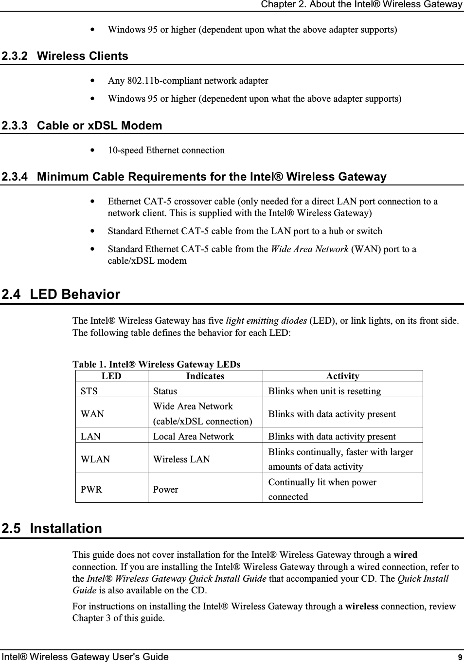 Chapter 2. About the Intel® Wireless Gateway Intel® Wireless Gateway User&apos;s Guide  9 •  Windows 95 or higher (dependent upon what the above adapter supports) 2.3.2  Wireless Clients •  Any 802.11b-compliant network adapter •  Windows 95 or higher (depenedent upon what the above adapter supports) 2.3.3  Cable or xDSL Modem •  10-speed Ethernet connection 2.3.4  Minimum Cable Requirements for the Intel® Wireless Gateway •  Ethernet CAT-5 crossover cable (only needed for a direct LAN port connection to a network client. This is supplied with the Intel® Wireless Gateway) •  Standard Ethernet CAT-5 cable from the LAN port to a hub or switch •  Standard Ethernet CAT-5 cable from the Wide Area Network (WAN) port to a cable/xDSL modem 2.4  LED Behavior The Intel® Wireless Gateway has five light emitting diodes (LED), or link lights, on its front side. The following table defines the behavior for each LED:  Table 1. Intel® Wireless Gateway LEDs LED  Indicates  Activity STS  Status  Blinks when unit is resetting WAN  Wide Area Network (cable/xDSL connection)  Blinks with data activity present LAN  Local Area Network  Blinks with data activity present WLAN  Wireless LAN  Blinks continually, faster with larger amounts of data activity PWR  Power  Continually lit when power connected 2.5  Installation This guide does not cover installation for the Intel® Wireless Gateway through a wired connection. If you are installing the Intel® Wireless Gateway through a wired connection, refer to the Intel® Wireless Gateway Quick Install Guide that accompanied your CD. The Quick Install Guide is also available on the CD. For instructions on installing the Intel® Wireless Gateway through a wireless connection, review Chapter 3 of this guide. 
