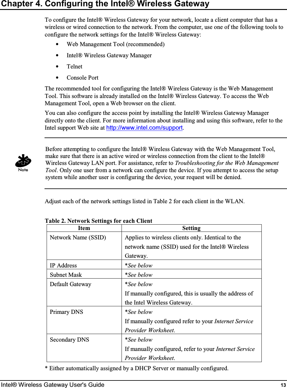  Intel® Wireless Gateway User&apos;s Guide  13 Chapter 4. Configuring the Intel® Wireless Gateway To configure the Intel® Wireless Gateway for your network, locate a client computer that has a wireless or wired connection to the network. From the computer, use one of the following tools to configure the network settings for the Intel® Wireless Gateway: •  Web Management Tool (recommended) •  Intel® Wireless Gateway Manager •  Telnet •  Console Port The recommended tool for configuring the Intel® Wireless Gateway is the Web Management Tool. This software is already installed on the Intel® Wireless Gateway. To access the Web Management Tool, open a Web browser on the client. You can also configure the access point by installing the Intel® Wireless Gateway Manager directly onto the client. For more information about installing and using this software, refer to the Intel support Web site at http://www.intel.com/support.   Before attempting to configure the Intel® Wireless Gateway with the Web Management Tool, make sure that there is an active wired or wireless connection from the client to the Intel® Wireless Gateway LAN port. For assistance, refer to Troubleshooting for the Web Management Tool. Only one user from a network can configure the device. If you attempt to access the setup system while another user is configuring the device, your request will be denied.  Adjust each of the network settings listed in Table 2 for each client in the WLAN.  Table 2. Network Settings for each Client Item  Setting Network Name (SSID)  Applies to wireless clients only. Identical to the network name (SSID) used for the Intel® Wireless Gateway. IP Address  *See below Subnet Mask  *See below Default Gateway  *See below If manually configured, this is usually the address of the Intel Wireless Gateway. Primary DNS  *See below If manually configured refer to your Internet Service Provider Worksheet. Secondary DNS  *See below If manually configured, refer to your Internet Service Provider Worksheet. * Either automatically assigned by a DHCP Server or manually configured. 