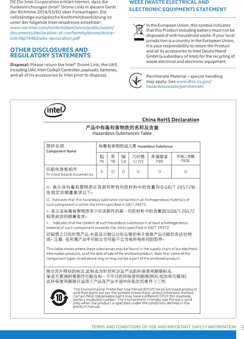 TERMS AND CONDITIONS OF USE AND IMPORTANT SAFETY INFORMATION 5DEDieIntelCorporationerklärthiermit,dassdieFunkeinrichtungen(Intel®DroneLink)indiesemGerätderRichtlinie2014/53/EUüberFunkanlagen.DievollständigeeuropäischeKonformitätserklärungistunterderfolgendeInternetadresseeinsehbar:www-ssl.intel.com/content/dam/www/public/us/en/documents/declaration-of-conformity/drone/drone-link-f8p14482iwbs-declaration.pdfOTHER DISCLOSURES AND REGULATORY STATEMENTSDisposal: PleasereturntheIntel®DroneLink,theUASincludingUAV,IntelCockpitController,payloads,batteries,andallofitsaccessoriestoIntelpriortodisposal.WEEE (WASTE ELECTRICAL AND ELECTRONIC EQUIPMENT) STATEMENT   IntheEuropeanUnion,thissymbolindicatesthatthisProductincludingbatterymustnotbedisposedofwithhouseholdwaste.IfyourlocaljurisdictionisacountryintheEuropeanUnion,itisyourresponsibilitytoreturntheProductandallitsaccessoriestoIntelDeutschlandGmbH(asubsidiaryofIntel)fortherecyclingofwasteelectricalandelectronicequipment. PerchlorateMaterial–specialhandlingmayapply.Seewww.dtsc.ca.gov/hazardouswaste/perchlorate                        