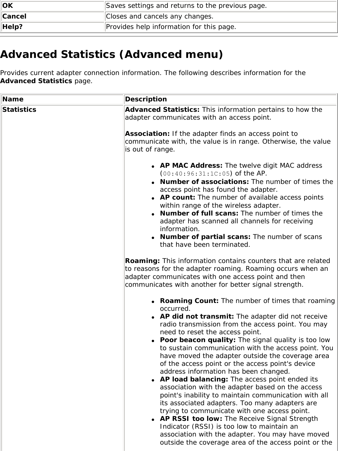 OK Saves settings and returns to the previous page.Cancel Closes and cancels any changes.Help? Provides help information for this page.Advanced Statistics (Advanced menu)Provides current adapter connection information. The following describes information for the Advanced Statistics page. Name DescriptionStatistics Advanced Statistics: This information pertains to how the adapter communicates with an access point. Association: If the adapter finds an access point to communicate with, the value is in range. Otherwise, the value is out of range. ●     AP MAC Address: The twelve digit MAC address (00:40:96:31:1C:05) of the AP.●     Number of associations: The number of times the access point has found the adapter.●     AP count: The number of available access points within range of the wireless adapter.●     Number of full scans: The number of times the adapter has scanned all channels for receiving information.●     Number of partial scans: The number of scans that have been terminated. Roaming: This information contains counters that are related to reasons for the adapter roaming. Roaming occurs when an adapter communicates with one access point and then communicates with another for better signal strength. ●     Roaming Count: The number of times that roaming occurred.●     AP did not transmit: The adapter did not receive radio transmission from the access point. You may need to reset the access point.●     Poor beacon quality: The signal quality is too low to sustain communication with the access point. You have moved the adapter outside the coverage area of the access point or the access point&apos;s device address information has been changed.●     AP load balancing: The access point ended its association with the adapter based on the access point&apos;s inability to maintain communication with all its associated adapters. Too many adapters are trying to communicate with one access point.●     AP RSSI too low: The Receive Signal Strength Indicator (RSSI) is too low to maintain an association with the adapter. You may have moved outside the coverage area of the access point or the 