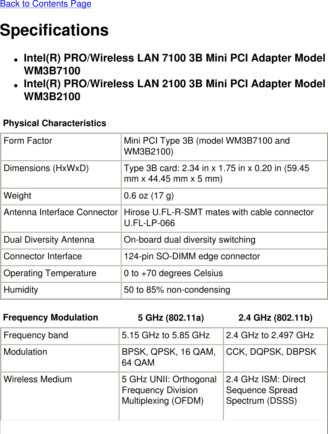 Back to Contents PageSpecifications●     Intel(R) PRO/Wireless LAN 7100 3B Mini PCI Adapter Model WM3B7100●     Intel(R) PRO/Wireless LAN 2100 3B Mini PCI Adapter Model WM3B2100 Physical Characteristics    Form Factor Mini PCI Type 3B (model WM3B7100 and WM3B2100) Dimensions (HxWxD) Type 3B card: 2.34 in x 1.75 in x 0.20 in (59.45 mm x 44.45 mm x 5 mm) Weight 0.6 oz (17 g) Antenna Interface Connector Hirose U.FL-R-SMT mates with cable connector U.FL-LP-066 Dual Diversity Antenna On-board dual diversity switching Connector Interface 124-pin SO-DIMM edge connector Operating Temperature 0 to +70 degrees Celsius Humidity 50 to 85% non-condensing Frequency Modulation 5 GHz (802.11a) 2.4 GHz (802.11b) Frequency band 5.15 GHz to 5.85 GHz 2.4 GHz to 2.497 GHzModulation BPSK, QPSK, 16 QAM, 64 QAM CCK, DQPSK, DBPSKWireless Medium 5 GHz UNII: Orthogonal Frequency Division Multiplexing (OFDM) 2.4 GHz ISM: Direct Sequence Spread Spectrum (DSSS)