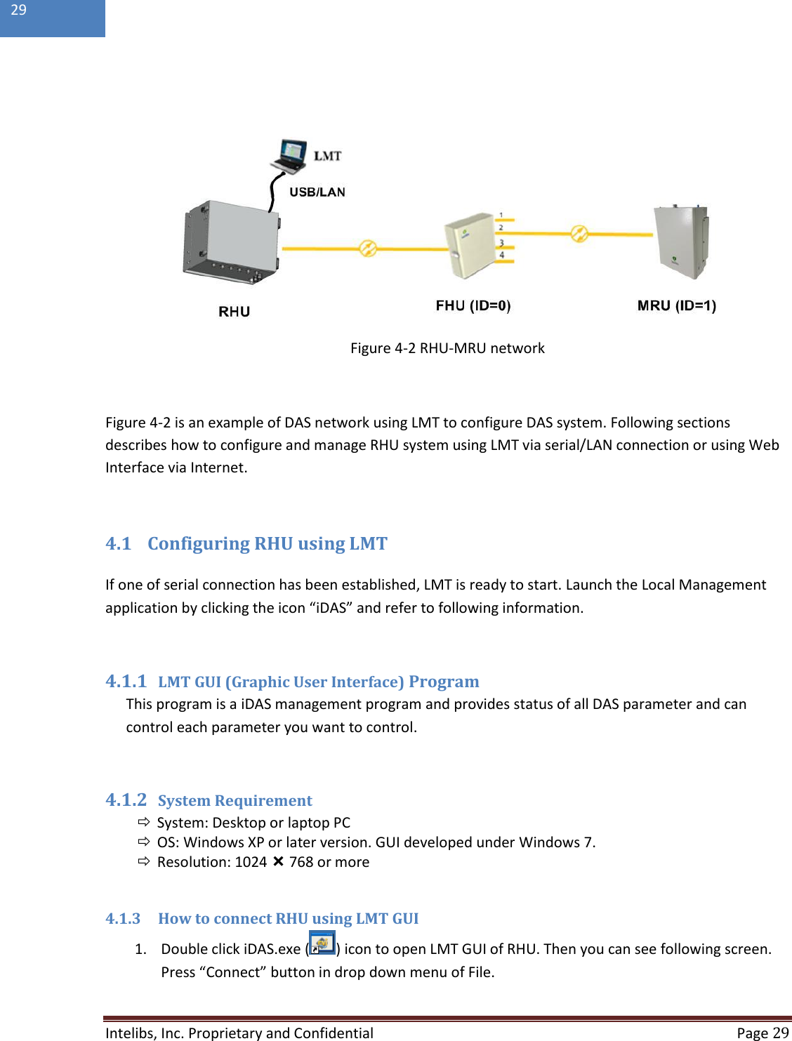  Intelibs, Inc. Proprietary and Confidential   Page 29  29     Figure 4-2 RHU-MRU network  Figure 4-2 is an example of DAS network using LMT to configure DAS system. Following sections describes how to configure and manage RHU system using LMT via serial/LAN connection or using Web Interface via Internet.  4.1 Configuring RHU using LMT If one of serial connection has been established, LMT is ready to start. Launch the Local Management application by clicking the icon “iDAS” and refer to following information.  4.1.1 LMT GUI (Graphic User Interface) Program This program is a iDAS management program and provides status of all DAS parameter and can control each parameter you want to control.  4.1.2 System Requirement  System: Desktop or laptop PC  OS: Windows XP or later version. GUI developed under Windows 7.  Resolution: 1024  768 or more  4.1.3 How to connect RHU using LMT GUI 1. Double click iDAS.exe ( ) icon to open LMT GUI of RHU. Then you can see following screen. Press “Connect” button in drop down menu of File. 