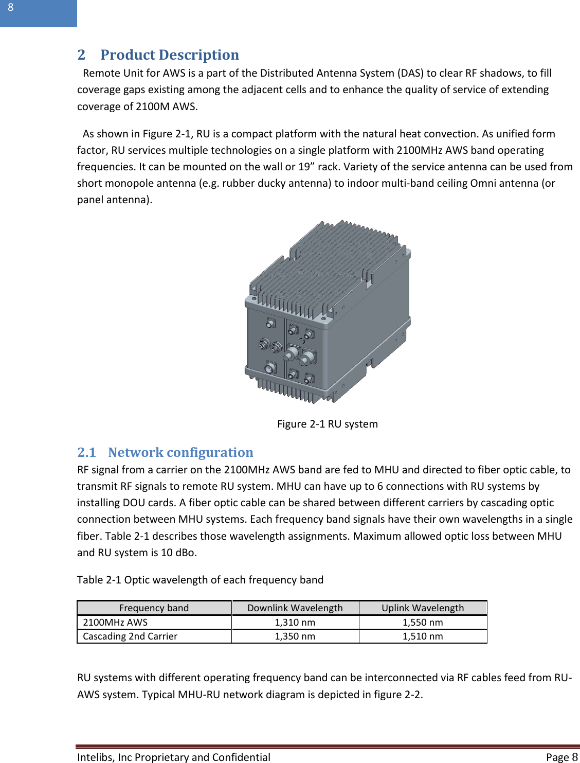  Intelibs, Inc Proprietary and Confidential  Page 8  8   2 Product Description Remote Unit for AWS is a part of the Distributed Antenna System (DAS) to clear RF shadows, to fill coverage gaps existing among the adjacent cells and to enhance the quality of service of extending coverage of 2100M AWS. As shown in Figure 2-1, RU is a compact platform with the natural heat convection. As unified form factor, RU services multiple technologies on a single platform with 2100MHz AWS band operating frequencies. It can be mounted on the wall or 19” rack. Variety of the service antenna can be used from short monopole antenna (e.g. rubber ducky antenna) to indoor multi-band ceiling Omni antenna (or panel antenna).   Figure 2-1 RU system 2.1 Network configuration RF signal from a carrier on the 2100MHz AWS band are fed to MHU and directed to fiber optic cable, to transmit RF signals to remote RU system. MHU can have up to 6 connections with RU systems by installing DOU cards. A fiber optic cable can be shared between different carriers by cascading optic connection between MHU systems. Each frequency band signals have their own wavelengths in a single fiber. Table 2-1 describes those wavelength assignments. Maximum allowed optic loss between MHU and RU system is 10 dBo. Table 2-1 Optic wavelength of each frequency band Frequency band Downlink Wavelength Uplink Wavelength 2100MHz AWS 1,310 nm 1,550 nm Cascading 2nd Carrier 1,350 nm 1,510 nm  RU systems with different operating frequency band can be interconnected via RF cables feed from RU-AWS system. Typical MHU-RU network diagram is depicted in figure 2-2. 