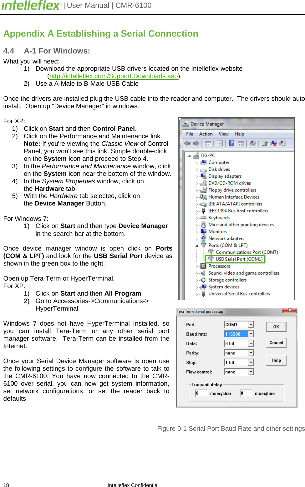         | User Manual | CMR-6100                       18                                                                    Intelleflex Confidential Appendix A Establishing a Serial Connection  4.4  A-1 For Windows: What you will need: 1) Download the appropriate USB drivers located on the Intelleflex website      (http://intelleflex.com/Support.Downloads.asp). 2) Use a A-Male to B-Male USB Cable   Once the drivers are installed plug the USB cable into the reader and computer.  The drivers should auto install.  Open up &ldquo;Device Manager&rdquo; in windows.  For XP: 1) Click on Start and then Control Panel. 2) Click on the Performance and Maintenance link. Note: If you're viewing the Classic View of Control Panel, you won't see this link. Simple double-click on the System icon and proceed to Step 4. 3) In the Performance and Maintenance window, click on the System icon near the bottom of the window. 4) In the System Properties window, click on the Hardware tab. 5) With the Hardware tab selected, click on the Device Manager Button.  For Windows 7: 1)  Click on Start and then type Device Manager in the search bar at the bottom.  Once device manager window is open click on Ports (COM &amp; LPT) and look for the USB Serial Port device as shown in the green box to the right.  Open up Tera-Term or HyperTerminal. For XP: 1) Click on Start and then All Program 2) Go to Accessories->Communications-> HyperTerminal  Windows 7 does not have HyperTerminal Installed, so you can install Tera-Term or any other serial port manager software.  Tera-Term can be installed from the Internet.   Once your Serial Device Manager software is open use the following settings to configure the software to talk to the  CMR-6100.  You have now connected to the CMR-6100 over serial, you can now get system information, set network configurations, or set the reader back to defaults.     Figure 0-1 Serial Port Baud Rate and other settings 