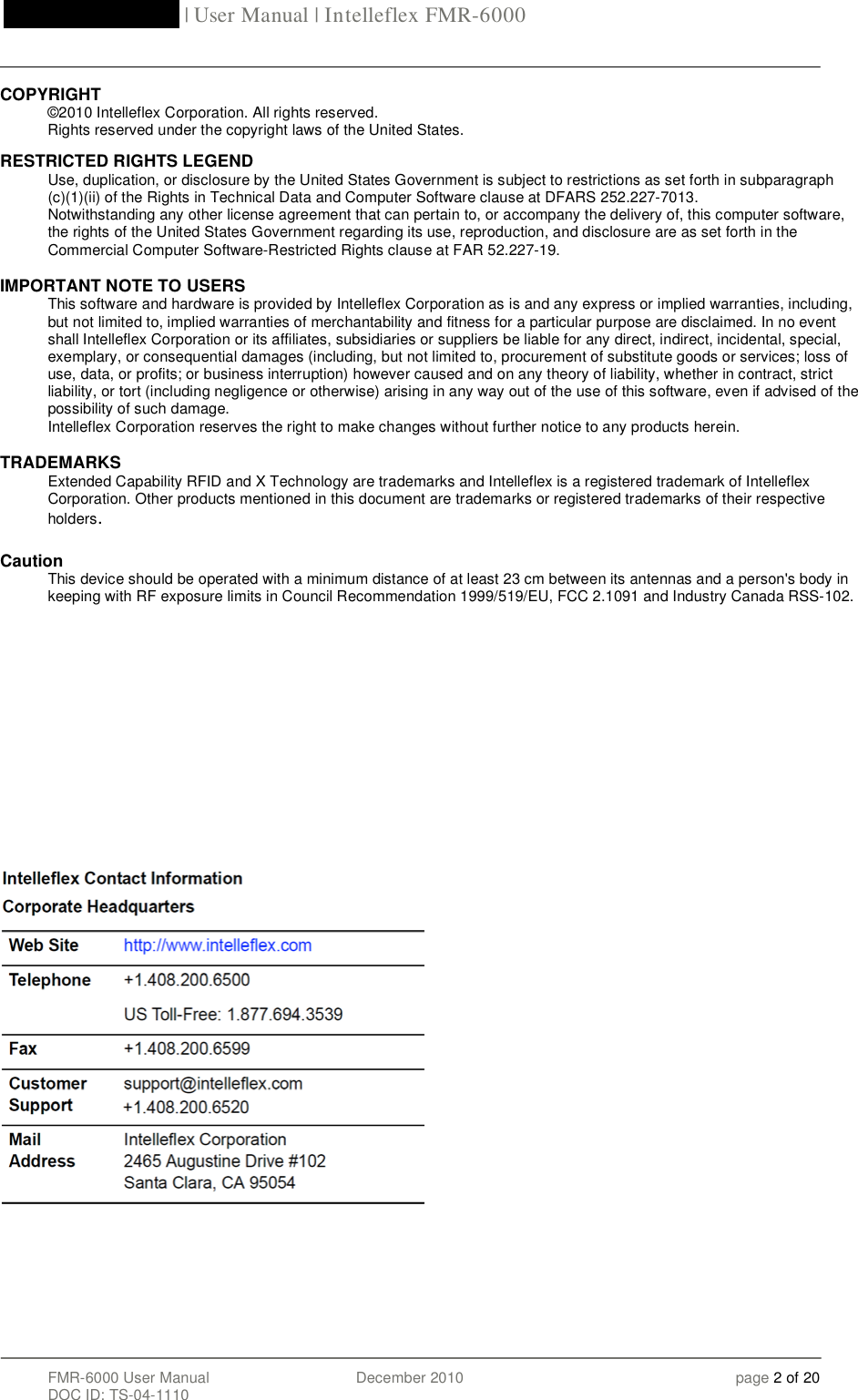 Page 2 of Intelleflex FMR-6000 RFID Reader User Manual 20DecFMR 6000