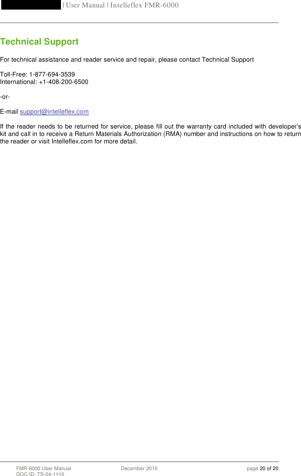 Page 20 of Intelleflex FMR-6000 RFID Reader User Manual 20DecFMR 6000