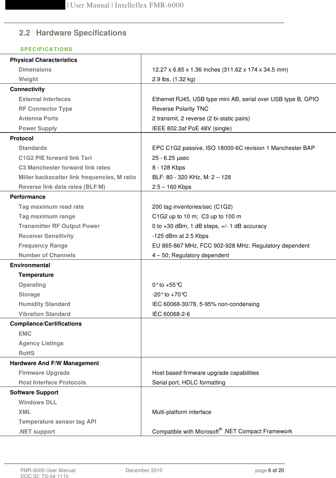 Page 6 of Intelleflex FMR-6000 RFID Reader User Manual 20DecFMR 6000