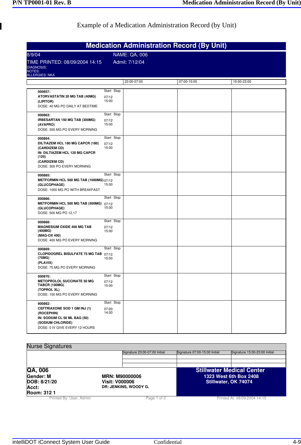 P/N TP0001-01 Rev. B Medication Administration Record (By Unit)intelliDOT iConnect System User Guide Confidential 4-9Example of a Medication Administration Record (by Unit)000857:ATORVASTATIN 20 MG TAB (40MG)(LIPITOR)Start07/1215:00StopDOSE: 40 MG PO DAILY AT BEDTIME000863:IRBESARTAN 150 MG TAB (300MG)(AVAPRO)Start07/1215:00StopDOSE: 300 MG PO EVERY MORNING000864:DILTIAZEM HCL 180 MG CAPCR (180)(CARDIZEM CD)IN: DILTIAZEM HCL 120 MG CAPCR(120)(CARDIZEM CD)Start07/1215:00StopDOSE: 300 PO EVERY MORNING000865:METFORMIN HCL 500 MG TAB (1000MG)(GLUCOPHAGE)Start07/1215:00StopDOSE: 1000 MG PO WITH BREAKFAST000866:METFORMIN HCL 500 MG TAB (500MG)(GLUCOPHAGE)Start07/1215:00StopDOSE: 500 MG PO 12,17000868:MAGNESIUM OXIDE 400 MG TAB(400MG)(MAG-OX 400)Start07/1215:00StopDOSE: 400 MG PO EVERY MORNING000869:CLOPIDOGREL BISULFATE 75 MG TAB(75MG)(PLAVIX)Start07/1215:00StopDOSE: 75 MG PO EVERY MORNING000870:METOPROLOL SUCCINATE 50 MGTABCR (100MG)(TOPROL XL)Start07/1215:00StopDOSE: 100 MG PO EVERY MORNING900862:CEFTRIAXONE SOD 1 GM INJ (1)(ROCEPHIN)IN: SODIUM CL 50 ML BAG (50)(SODIUM CHLORIDE)Start07/2014:00StopDOSE: 0 IV GIVE EVERY 12 HOURSMedication Administration Record (By Unit)8/9/04 NAME: QA, 006TIME PRINTED: 08/09/2004 14:15 Admit: 7/12/04DIAGNOSIS:NOTES:ALLERGIES: NKA23:00-07:00 07:00-15:00 15:00-23:00Nurse SignaturesSignature 23:00-07:00 Initial___Signature 07:00-15:00 Initial___Signature 15:00-23:00 Initial___QA, 006Gender: MDOB: 8/21/20 MRN: M90000006Visit: V000006Acct: DR: JENKINS, WOODY G.Room: 312 1Stillwater Medical Center1323 West 6th Box 2408Stillwater, OK 74074Printed By: User, Admin Page 1 of 2 Printed At: 08/09/2004 14:15