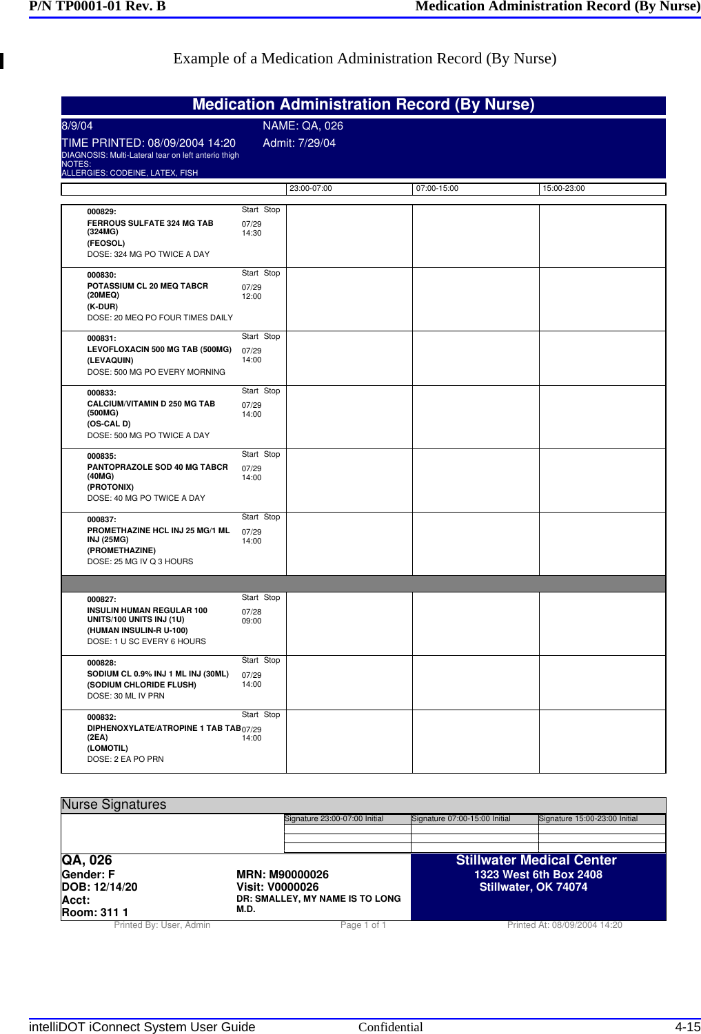 P/N TP0001-01 Rev. B Medication Administration Record (By Nurse)intelliDOT iConnect System User Guide Confidential 4-15Example of a Medication Administration Record (By Nurse)000829:FERROUS SULFATE 324 MG TAB(324MG)(FEOSOL)Start07/2914:30StopDOSE: 324 MG PO TWICE A DAY000830:POTASSIUM CL 20 MEQ TABCR(20MEQ)(K-DUR)Start07/2912:00StopDOSE: 20 MEQ PO FOUR TIMES DAILY000831:LEVOFLOXACIN 500 MG TAB (500MG)(LEVAQUIN)Start07/2914:00StopDOSE: 500 MG PO EVERY MORNING000833:CALCIUM/VITAMIN D 250 MG TAB(500MG)(OS-CAL D)Start07/2914:00StopDOSE: 500 MG PO TWICE A DAY000835:PANTOPRAZOLE SOD 40 MG TABCR(40MG)(PROTONIX)Start07/2914:00StopDOSE: 40 MG PO TWICE A DAY000837:PROMETHAZINE HCL INJ 25 MG/1 MLINJ (25MG)(PROMETHAZINE)Start07/2914:00StopDOSE: 25 MG IV Q 3 HOURS000827:INSULIN HUMAN REGULAR 100UNITS/100 UNITS INJ (1U)(HUMAN INSULIN-R U-100)Start07/2809:00StopDOSE:1USCEVERY 6 HOURS000828:SODIUM CL 0.9% INJ 1 ML INJ (30ML)(SODIUM CHLORIDE FLUSH)Start07/2914:00StopDOSE: 30 ML IV PRN000832:DIPHENOXYLATE/ATROPINE 1 TAB TAB(2EA)(LOMOTIL)Start07/2914:00StopDOSE: 2 EA PO PRNMedication Administration Record (By Nurse)8/9/04 NAME: QA, 026TIME PRINTED: 08/09/2004 14:20 Admit: 7/29/04DIAGNOSIS: Multi-Lateral tear on left anterio thighNOTES:ALLERGIES: CODEINE, LATEX, FISH23:00-07:00 07:00-15:00 15:00-23:00Nurse SignaturesSignature 23:00-07:00 Initial___Signature 07:00-15:00 Initial___Signature 15:00-23:00 Initial___QA, 026Gender: FDOB: 12/14/20 MRN: M90000026Visit: V0000026Acct:DR: SMALLEY, MY NAME IS TO LONGM.D.Room: 311 1Stillwater Medical Center1323 West 6th Box 2408Stillwater, OK 74074Printed By: User, Admin Page 1 of 1 Printed At: 08/09/2004 14:20