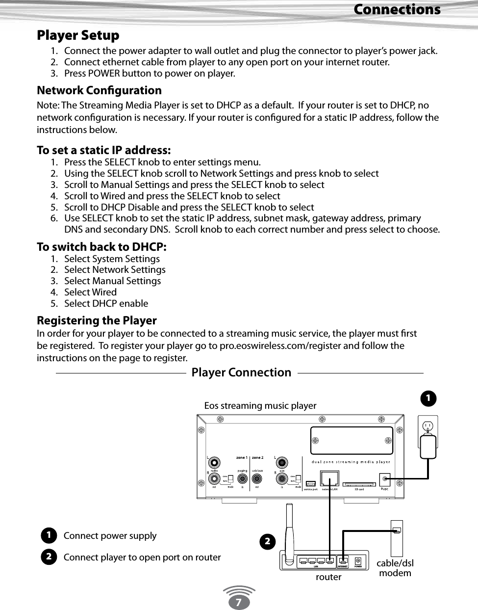 7ConnectionsPlayer Setup1.  Connect the power adapter to wall outlet and plug the connector to player’s power jack.2.  Connect ethernet cable from player to any open port on your internet router.3.  Press POWER button to power on player.Network CongurationNote: The Streaming Media Player is set to DHCP as a default.  If your router is set to DHCP, no network conguration is necessary. If your router is congured for a static IP address, follow the instructions below.To set a static IP address:1.  Press the SELECT knob to enter settings menu. 2.  Using the SELECT knob scroll to Network Settings and press knob to select3.  Scroll to Manual Settings and press the SELECT knob to select4.  Scroll to Wired and press the SELECT knob to select5.  Scroll to DHCP Disable and press the SELECT knob to select6.  Use SELECT knob to set the static IP address, subnet mask, gateway address, primary DNS and secondary DNS.  Scroll knob to each correct number and press select to choose.To switch back to DHCP:1.  Select System Settings2.  Select Network Settings3.  Select Manual Settings4.  Select Wired5.  Select DHCP enable Registering the PlayerIn order for your player to be connected to a streaming music service, the player must rst be registered.  To register your player go to pro.eoswireless.com/register and follow the instructions on the page to register.INTERNET POWERLANroutercable/dslmodemEos streaming music playerConnect power supply1Connect player to open port on router212Player Connection9