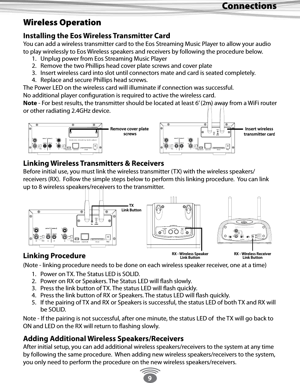 9ConnectionsWireless OperationInstalling the Eos Wireless Transmitter CardYou can add a wireless transmitter card to the Eos Streaming Music Player to allow your audio to play wirelessly to Eos Wireless speakers and receivers by following the procedure below.1.  Unplug power from Eos Streaming Music Player2.  Remove the two Phillips head cover plate screws and cover plate3.  Insert wireless card into slot until connectors mate and card is seated completely.4.  Replace and secure Phillips head screws.The Power LED on the wireless card will illuminate if connection was successful.No additional player conguration is required to active the wireless card.Note - For best results, the transmitter should be located at least 6’ (2m) away from a WiFi router or other radiating 2.4GHz device.Linking Wireless Transmitters &amp; ReceiversBefore initial use, you must link the wireless transmitter (TX) with the wireless speakers/receivers (RX).  Follow the simple steps below to perform this linking procedure.  You can link up to 8 wireless speakers/receivers to the transmitter.  Linking Procedure (Note - linking procedure needs to be done on each wireless speaker receiver, one at a time)1.  Power on TX. The Status LED is SOLID.2.  Power on RX or Speakers. The Status LED will ash slowly.3.  Press the link button of TX. The status LED will ash quickly.4.  Press the link button of RX or Speakers. The status LED will ash quickly.5.  If the pairing of TX and RX or Speakers is successful, the status LED of both TX and RX will be SOLID.Note - If the pairing is not successful, after one minute, the status LED of  the TX will go back to ON and LED on the RX will return to ashing slowly.Adding Additional Wireless Speakers/ReceiversAfter initial setup, you can add additional wireless speakers/receivers to the system at any time by following the same procedure.  When adding new wireless speakers/receivers to the system, you only need to perform the procedure on the new wireless speakers/receivers.Remove cover plate screwsInsert wireless transmitter cardpower99TMTXLink ButtonRX - Wireless SpeakerLink ButtonRX - Wireless ReceiverLink Buttonpower9