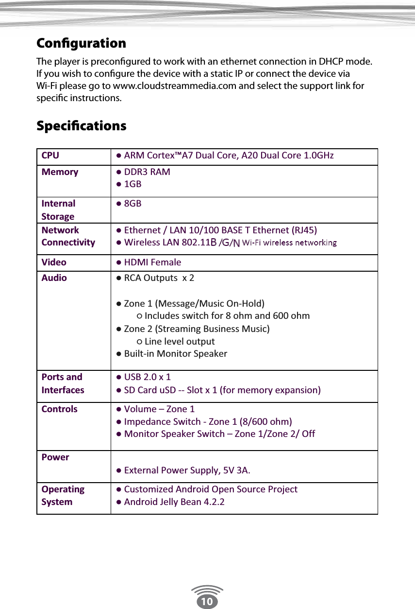 10SpeciﬁcationsConﬁgurationThe player is preconﬁgured to work with an ethernet connection in DHCP mode.  If you wish to conﬁgure the device with a static IP or connect the device via       Wi-Fi please go to www.cloudstreammedia.com and select the support link for speciﬁc instructions.D%&apos;)-7A*&quot;%&apos;0&lt;:*&quot;%&apos;;1:/D=D;DBD)&apos;$)2;:2;::)&apos;$)5&gt;?6D&apos;&quot;((B:&lt;1;;$3,&apos;&quot;(($),%&apos;!$D#&quot;D*)&amp;*)(-&lt;D%$;5((2*($3%&quot;6C$&quot;*((,)%&apos;B%#$@::%#D%$&lt;5)&apos;#$*($((*(6C$&quot;+&quot;%*)&amp;*)D*&quot;)3$%$)%&apos;&amp;!&apos;D&lt;1:-;D&apos;*33&quot;%)-;5%&apos;##%&apos;.-&amp;$(%$6D%&quot;*#4%$;D#&amp;$,)3%$;5B2@::%#6D%$)%&apos;&amp;!&apos;,)4%$;2%$&lt;2D-)&apos;$&quot;%,&apos;*&amp;&amp;&quot;.0?=1D*()%#/$&apos;%&amp;$%*&apos;&apos;% )D$&apos;%&quot;&quot;.$&gt;1&lt;1&lt;