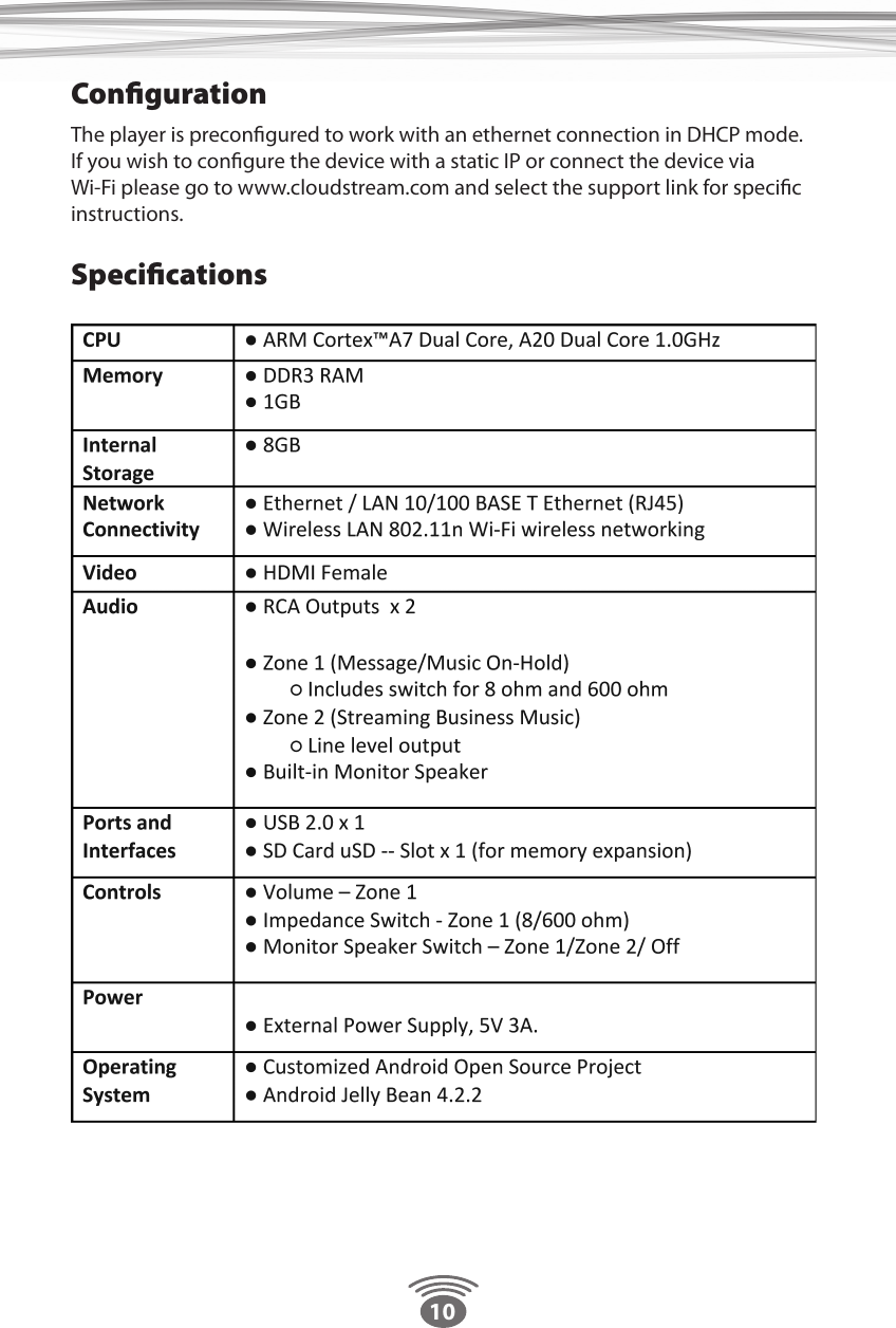 10SpeciﬁcationsConﬁgurationThe player is preconﬁgured to work with an ethernet connection in DHCP mode.  If you wish to conﬁgure the device with a static IP or connect the device via       Wi-Fi please go to www.cloudstream.com and select the support link for speciﬁc instructions.