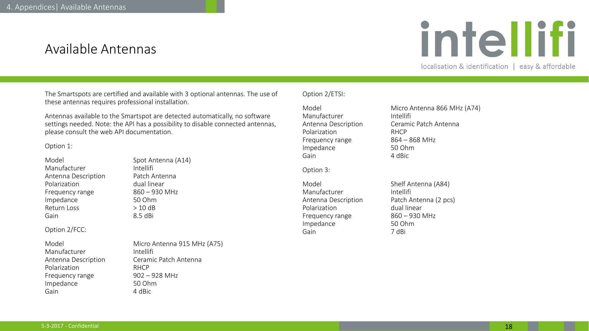 5-3-2017 - Confidential  18 Available Antennas The Smartspots are certified and available with 3 optional antennas. The use of these antennas requires professional installation. Antennas available to the Smartspot are detected automatically, no software settings needed. Note: the API has a possibility to disable connected antennas, please consult the web API documentation. Option 1: Model    Spot Antenna (A14) Manufacturer    Intellifi Antenna Description  Patch Antenna Polarization    dual linear Frequency range  860 – 930 MHz Impedance    50 Ohm Return Loss    &gt; 10 dB Gain    8.5 dBi Option 2/FCC: Model    Micro Antenna 915 MHz (A75) Manufacturer    Intellifi Antenna Description  Ceramic Patch Antenna Polarization    RHCP Frequency range  902 – 928 MHz Impedance    50 Ohm Gain    4 dBic Option 2/ETSI: Model    Micro Antenna 866 MHz (A74) Manufacturer    Intellifi Antenna Description  Ceramic Patch Antenna Polarization    RHCP Frequency range  864 – 868 MHz Impedance    50 Ohm Gain    4 dBic Option 3: Model    Shelf Antenna (A84) Manufacturer    Intellifi Antenna Description  Patch Antenna (2 pcs) Polarization    dual linear Frequency range  860 – 930 MHz Impedance    50 Ohm Gain    7 dBi  4. Appendices| Available Antennas 