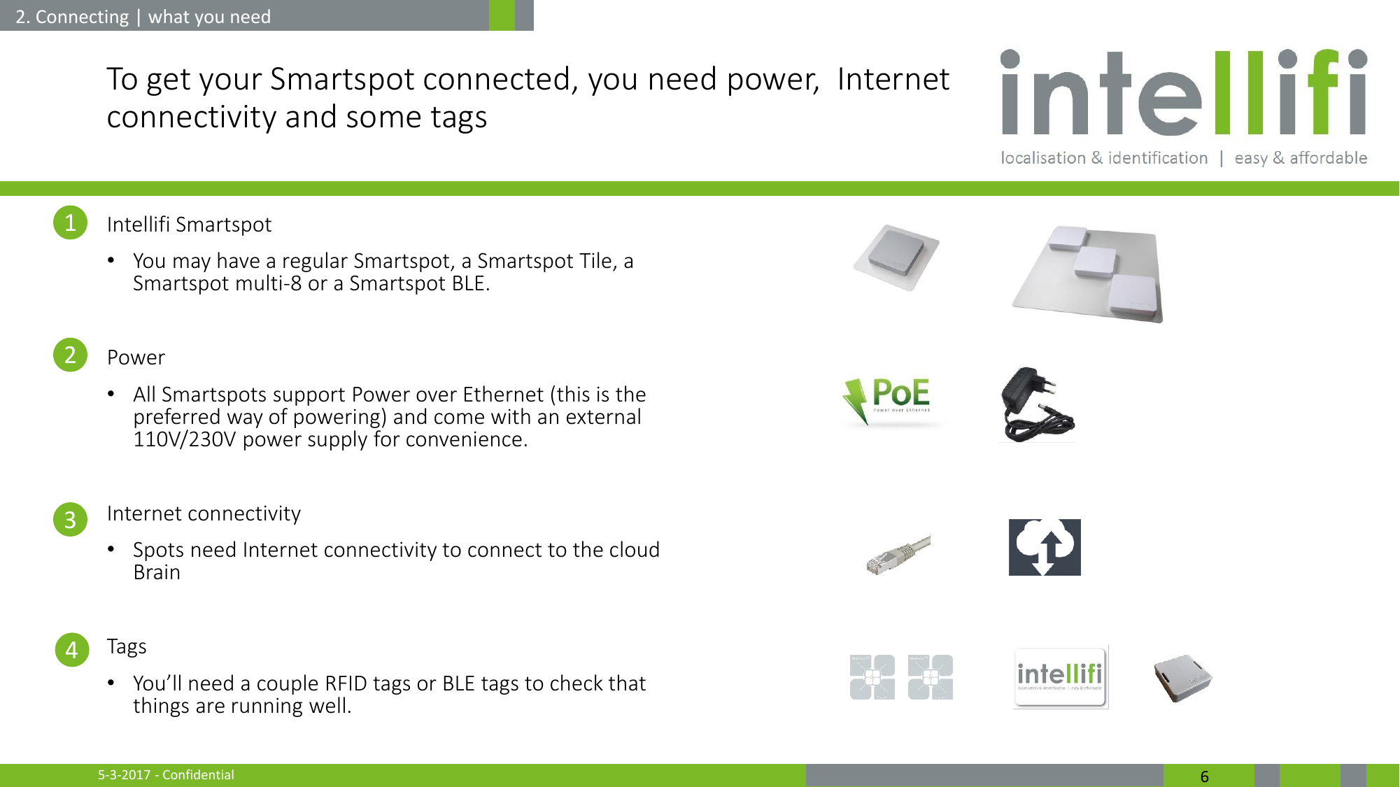 5-3-2017 - Confidential  6 To get your Smartspot connected, you need power,  Internet connectivity and some tags  Intellifi Smartspot  •You may have a regular Smartspot, a Smartspot Tile, a Smartspot multi-8 or a Smartspot BLE.  Power •All Smartspots support Power over Ethernet (this is the preferred way of powering) and come with an external 110V/230V power supply for convenience.  Internet connectivity •Spots need Internet connectivity to connect to the cloud Brain  Tags •You’ll need a couple RFID tags or BLE tags to check that things are running well.     2. Connecting | what you need 1 2 3 4 