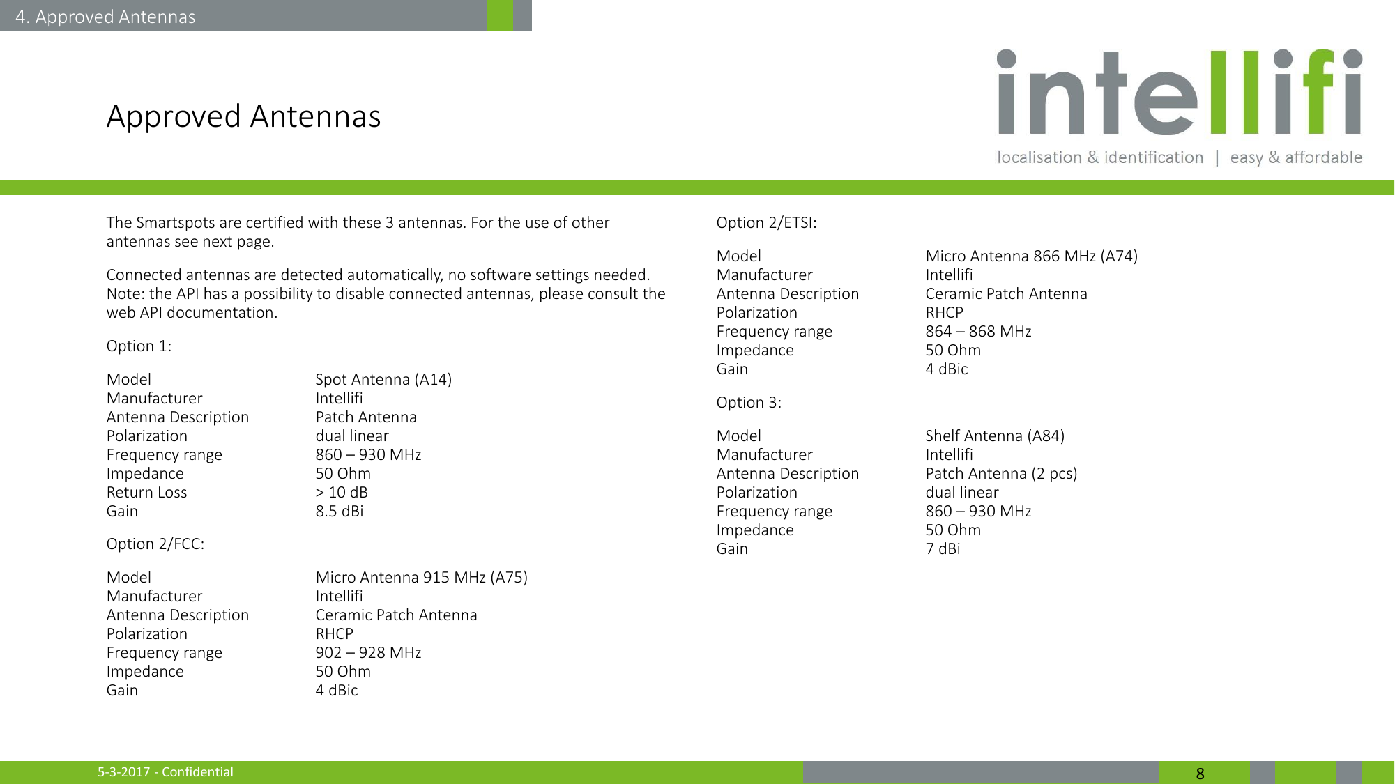 5-3-2017 - Confidential  8 Approved Antennas The Smartspots are certified with these 3 antennas. For the use of other antennas see next page. Connected antennas are detected automatically, no software settings needed. Note: the API has a possibility to disable connected antennas, please consult the web API documentation. Option 1: Model    Spot Antenna (A14) Manufacturer    Intellifi Antenna Description  Patch Antenna Polarization    dual linear Frequency range  860 – 930 MHz Impedance    50 Ohm Return Loss    &gt; 10 dB Gain    8.5 dBi Option 2/FCC: Model    Micro Antenna 915 MHz (A75) Manufacturer    Intellifi Antenna Description  Ceramic Patch Antenna Polarization    RHCP Frequency range  902 – 928 MHz Impedance    50 Ohm Gain    4 dBic Option 2/ETSI: Model    Micro Antenna 866 MHz (A74) Manufacturer    Intellifi Antenna Description  Ceramic Patch Antenna Polarization    RHCP Frequency range  864 – 868 MHz Impedance    50 Ohm Gain    4 dBic Option 3: Model    Shelf Antenna (A84) Manufacturer    Intellifi Antenna Description  Patch Antenna (2 pcs) Polarization    dual linear Frequency range  860 – 930 MHz Impedance    50 Ohm Gain    7 dBi  4. Approved Antennas 