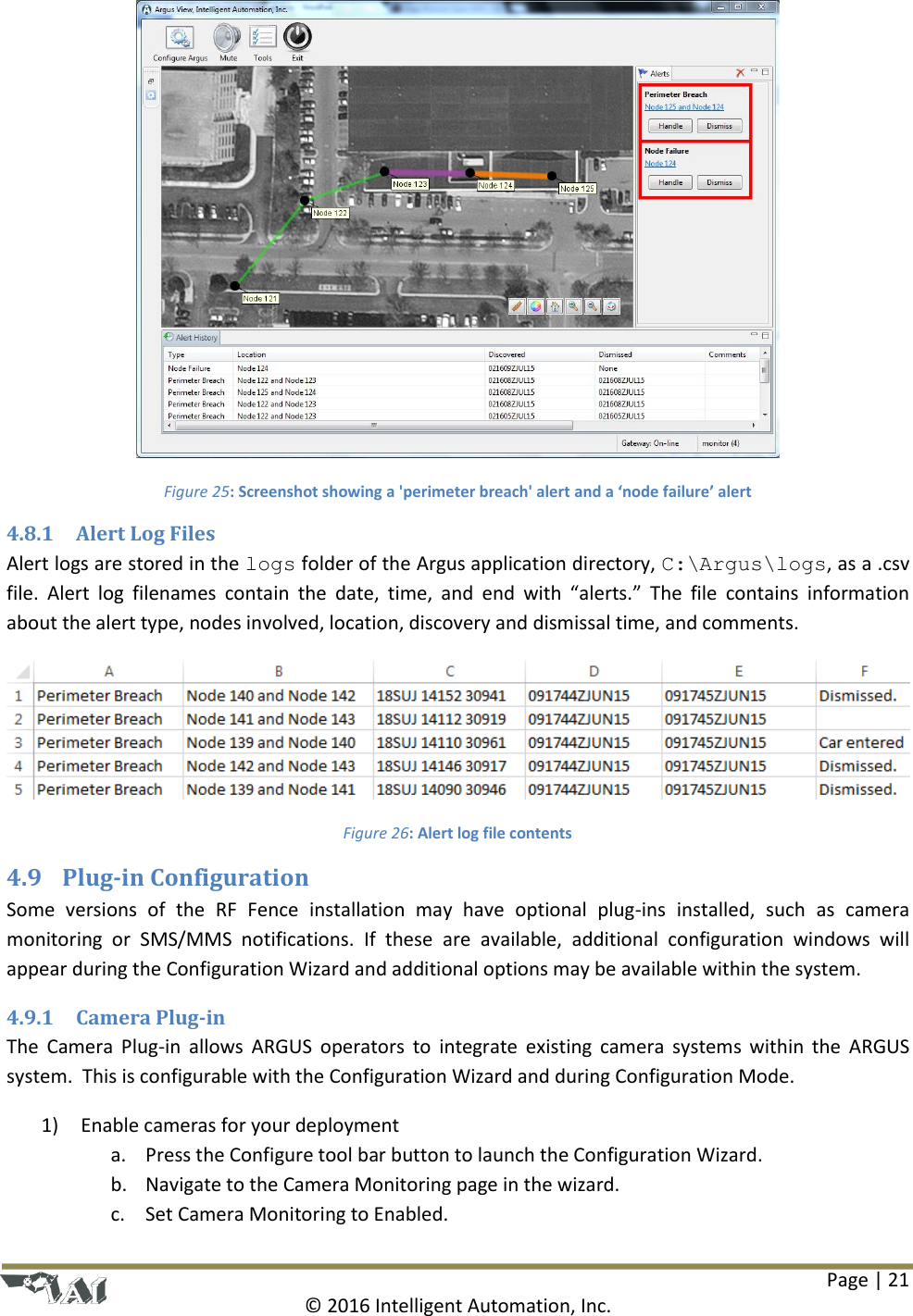 Page | 21  © 2016 Intelligent Automation, Inc.  Figure 25: Screenshot showing a &apos;perimeter breach&apos; alert and a ‘node failure’ alert 4.8.1 Alert Log Files Alert logs are stored in the logs folder of the Argus application directory, C:\Argus\logs, as a .csv file.  Alert  log  filenames  contain  the  date,  time,  and  end  with  “alerts.”  The  file  contains  information about the alert type, nodes involved, location, discovery and dismissal time, and comments.   Figure 26: Alert log file contents 4.9 Plug-in Configuration Some  versions  of  the  RF  Fence  installation  may  have  optional  plug-ins  installed,  such  as  camera monitoring  or  SMS/MMS  notifications.  If  these  are  available,  additional  configuration  windows  will appear during the Configuration Wizard and additional options may be available within the system. 4.9.1 Camera Plug-in The  Camera  Plug-in  allows  ARGUS  operators  to  integrate  existing  camera  systems  within  the  ARGUS system.  This is configurable with the Configuration Wizard and during Configuration Mode. 1)  Enable cameras for your deployment a. Press the Configure tool bar button to launch the Configuration Wizard. b. Navigate to the Camera Monitoring page in the wizard. c. Set Camera Monitoring to Enabled. 